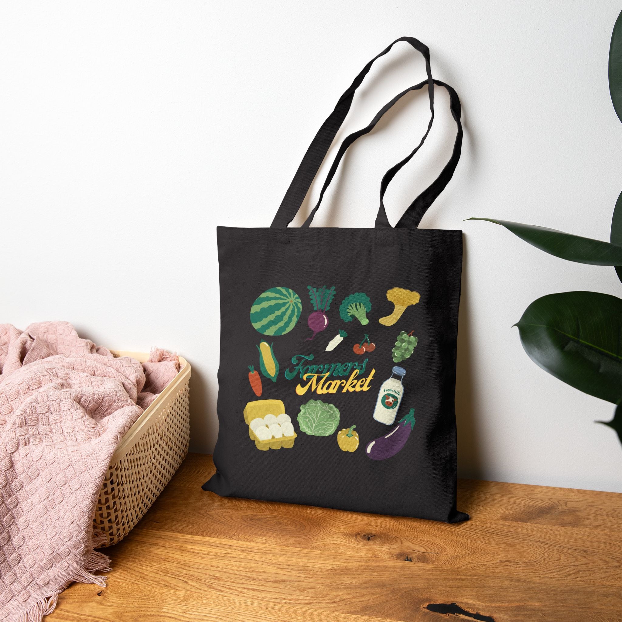 Farmers Market Tote Bag — Reusable Canvas Grocery Shopper with Fresh Veggies Design