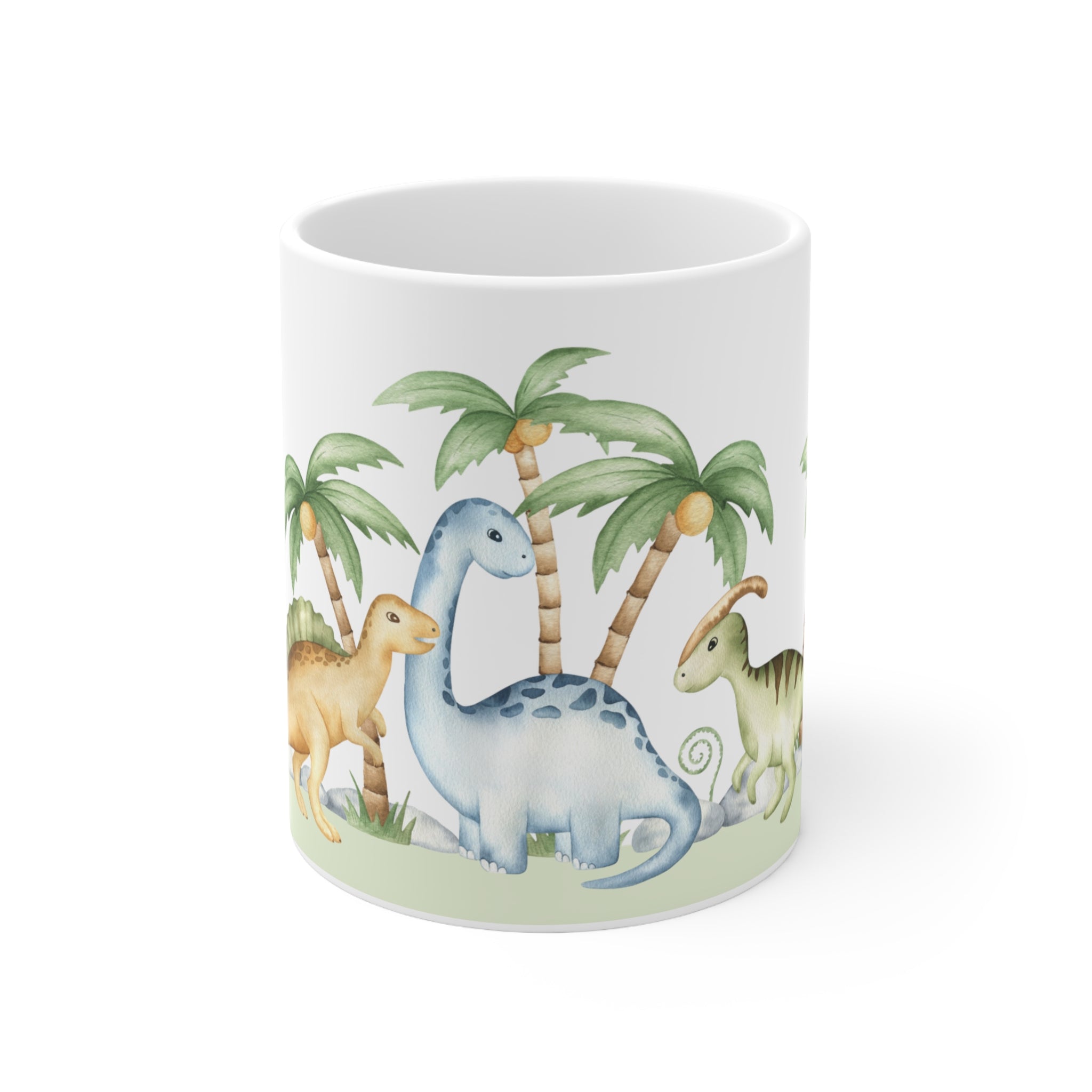 Dinosaur Palm Trees Ceramic Mug — Cute Watercolor Dino Coffee Cup (11oz/15oz)