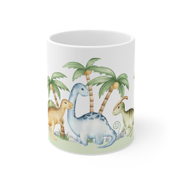 Dinosaur Palm Trees Ceramic Mug — Cute Watercolor Dino Coffee Cup (11oz/15oz)