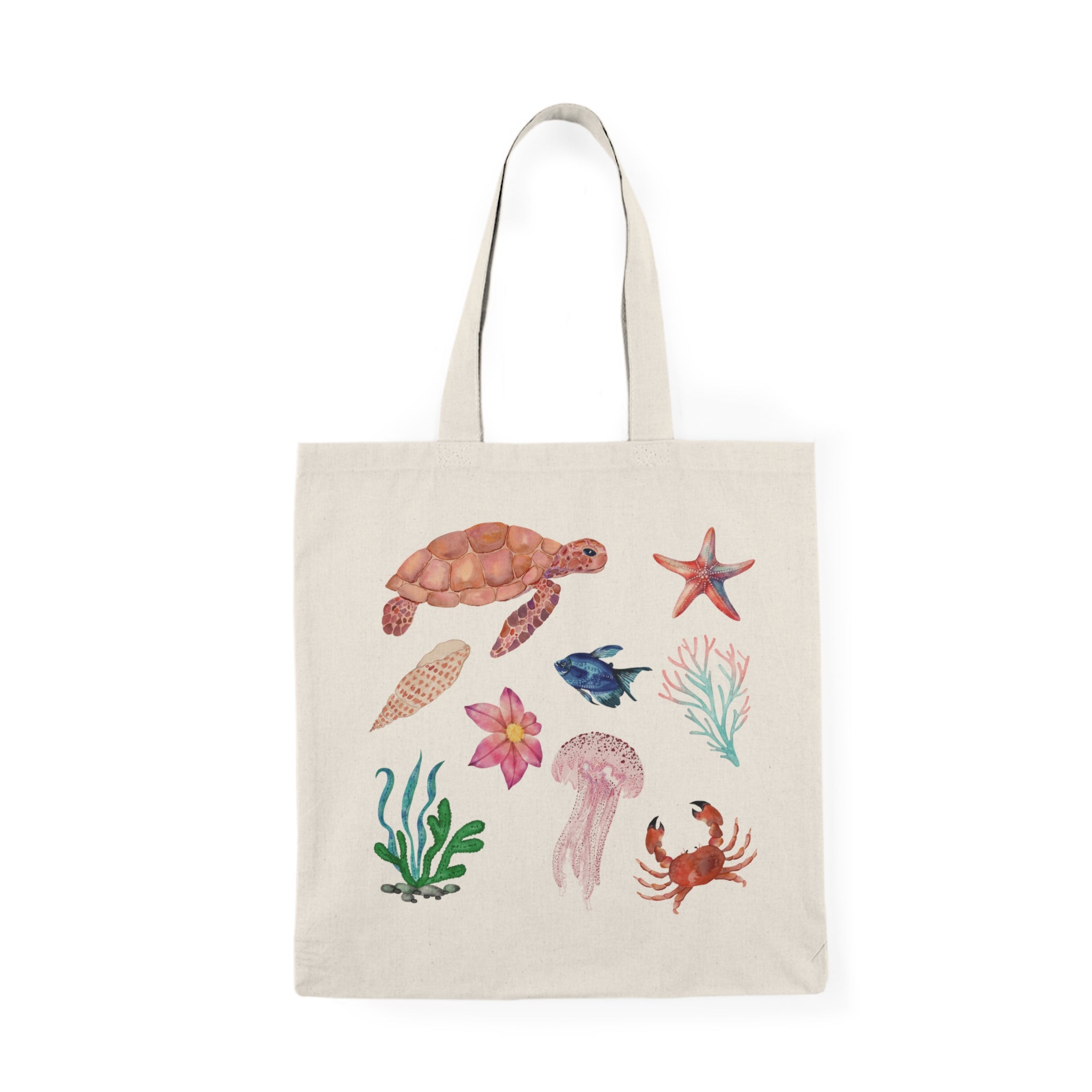 Sea Life Watercolor Tote Bag — Turtle, Jellyfish & Ocean Creatures Canvas Tote
