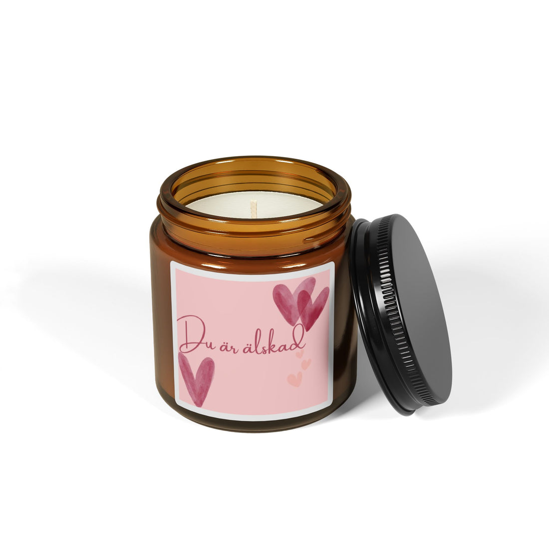 Romantic “Du er elsket” Soy Candle — Amber Jar, Heart Design