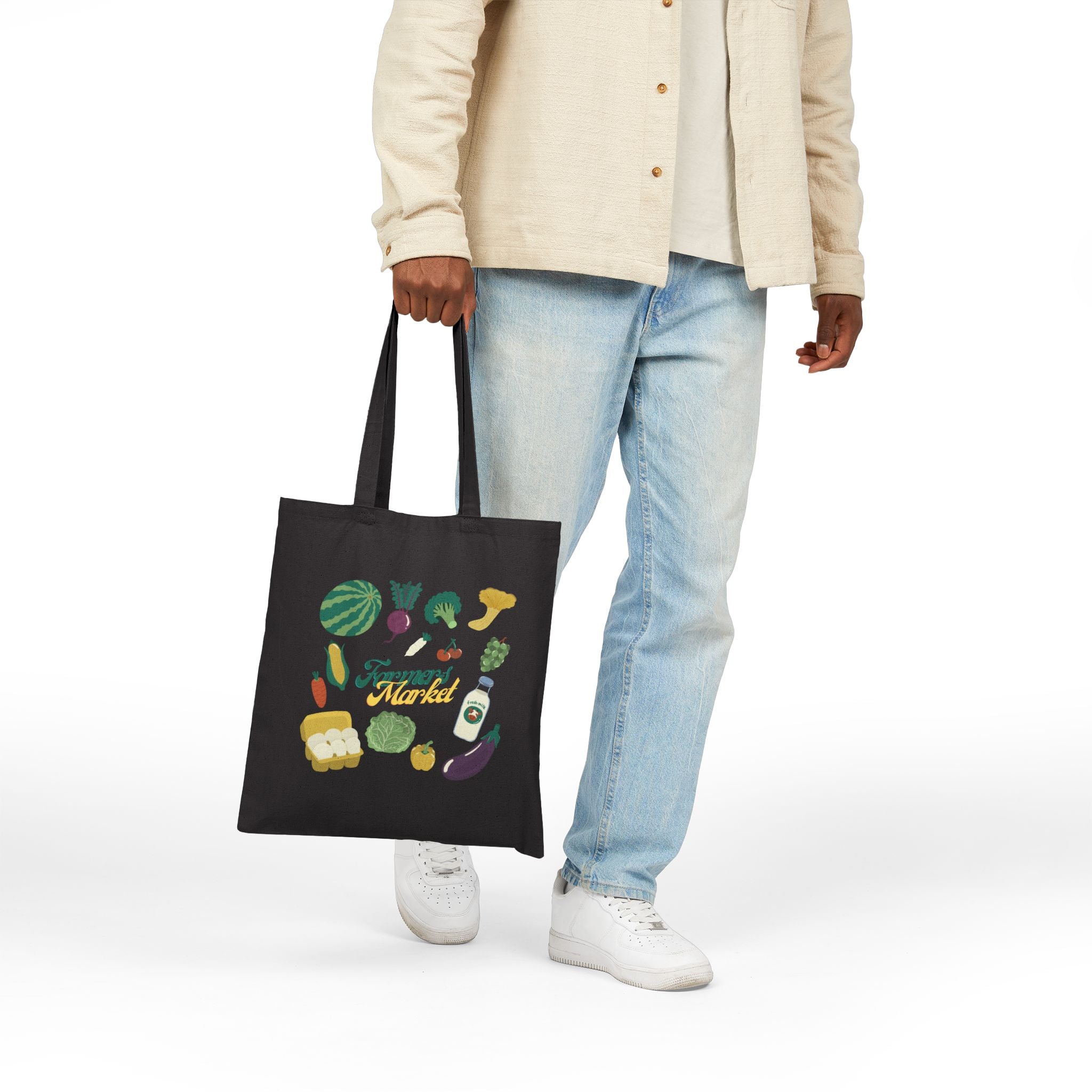 Farmers Market Tote Bag — Reusable Canvas Grocery Shopper with Fresh Veggies Design