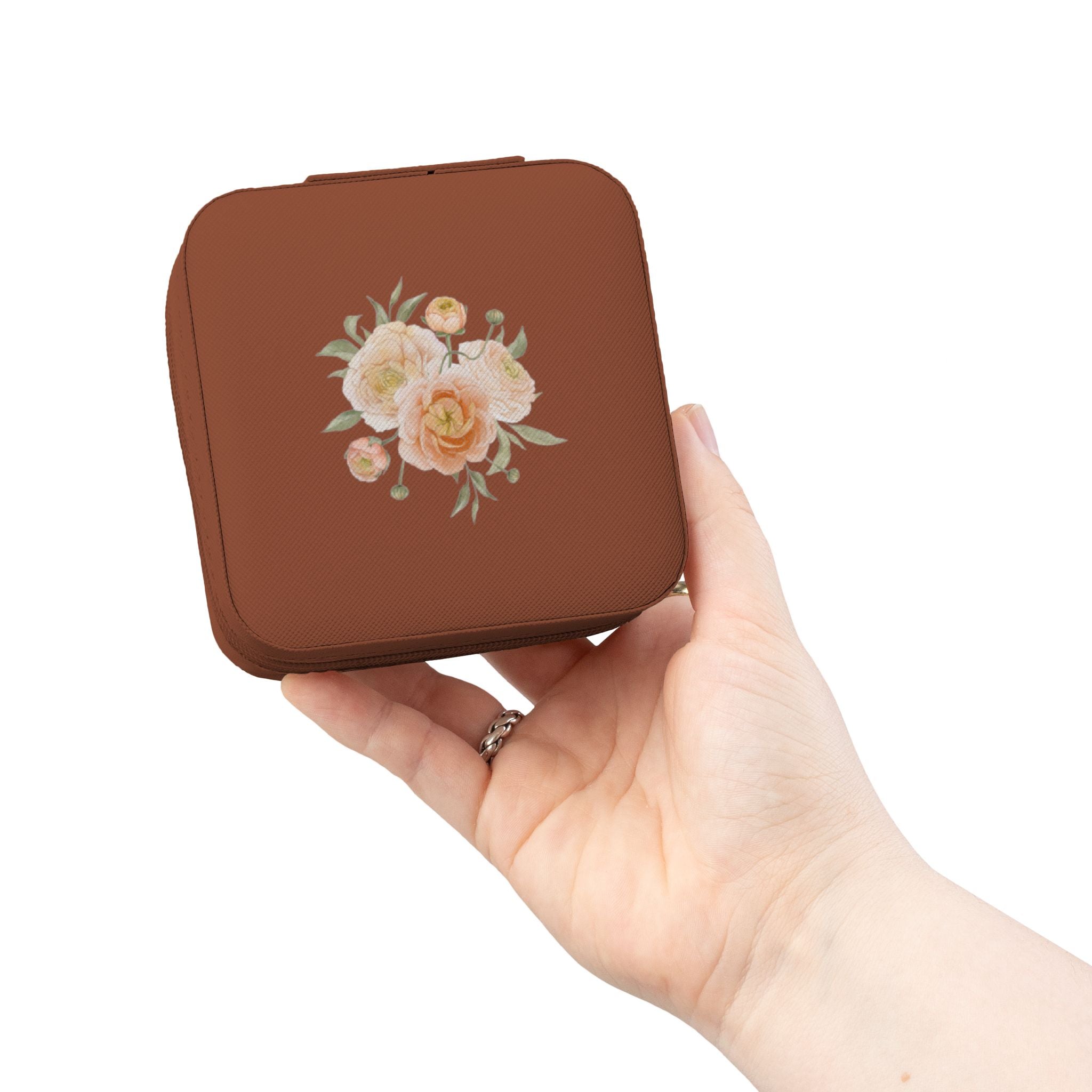 Floral Travel Jewelry Case — Compact Pink Organizer for Rings, Earrings & Necklaces