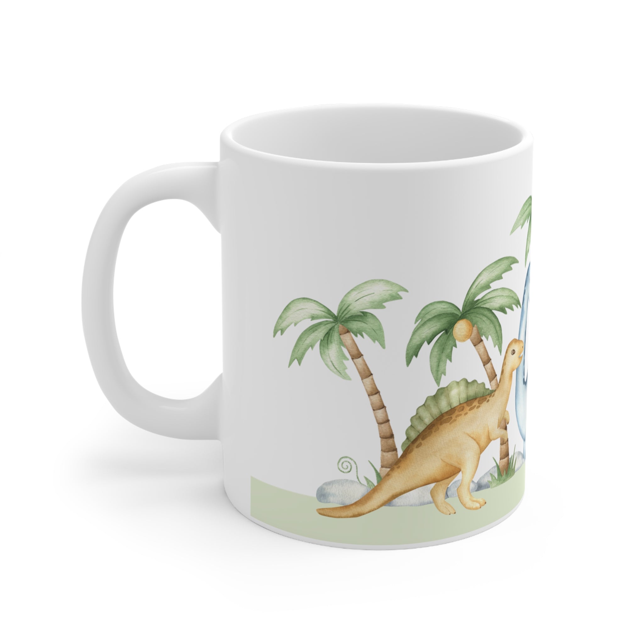 Dinosaur Palm Trees Ceramic Mug — Cute Watercolor Dino Coffee Cup (11oz/15oz)