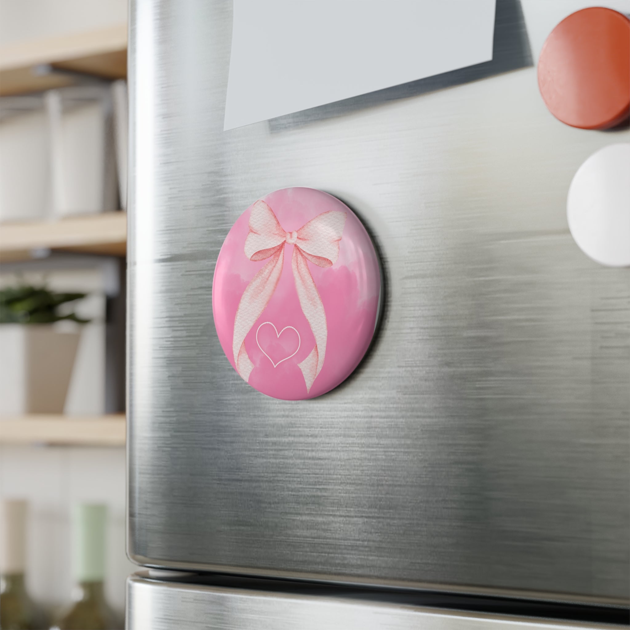 Pink Ribbon Heart Magnet — Cute Round Button Magnet for Gifts & Valentine’s