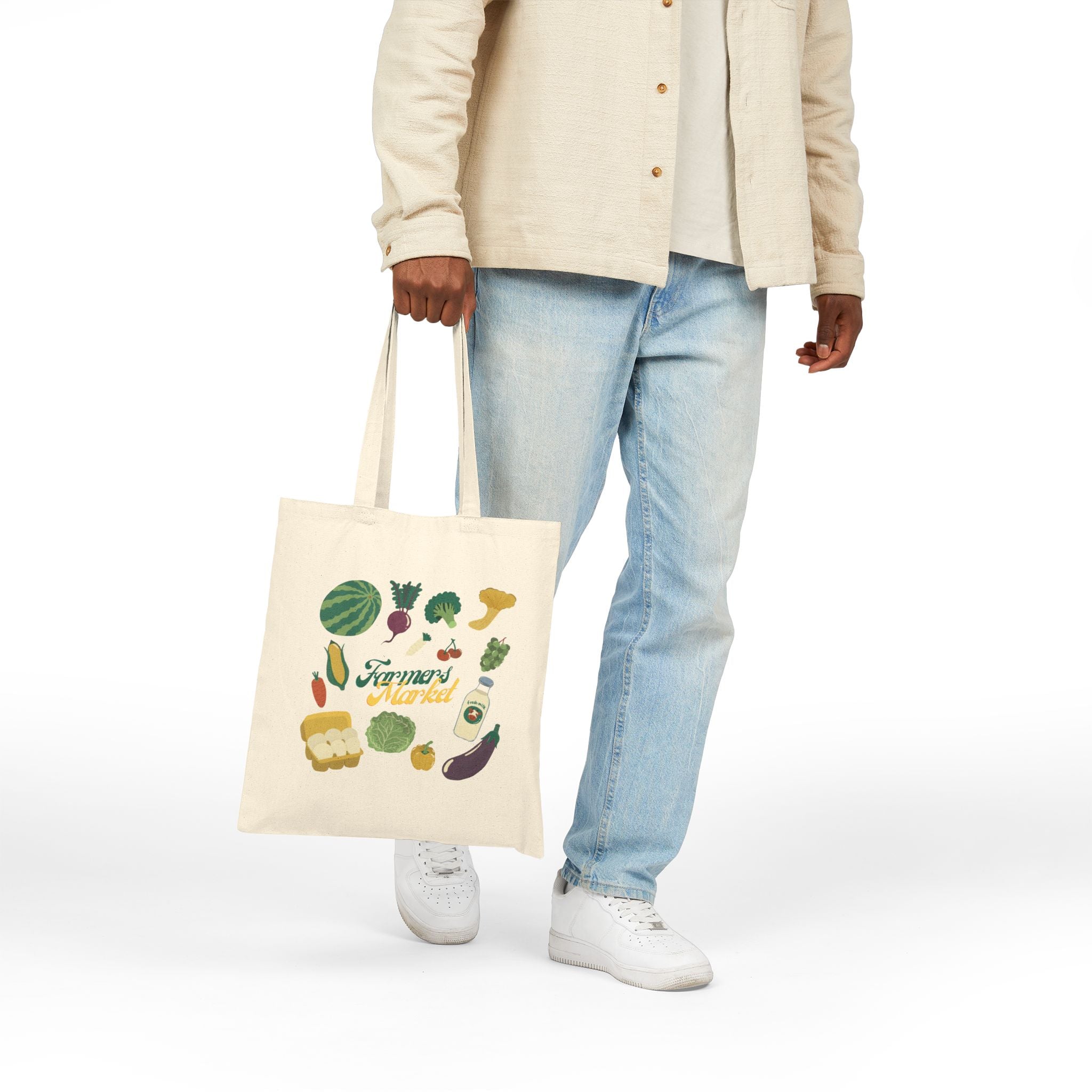 Farmers Market Tote Bag — Reusable Canvas Grocery Shopper with Fresh Veggies Design
