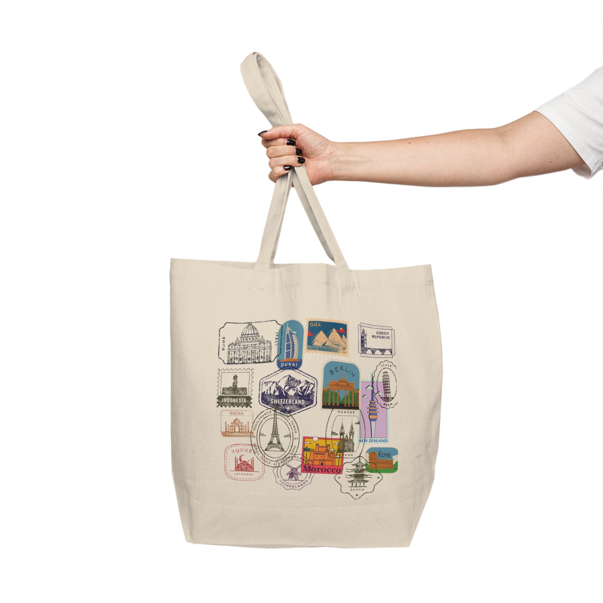 Travel Stamps Canvas Tote — Vintage Postcard Cityscape Shopper