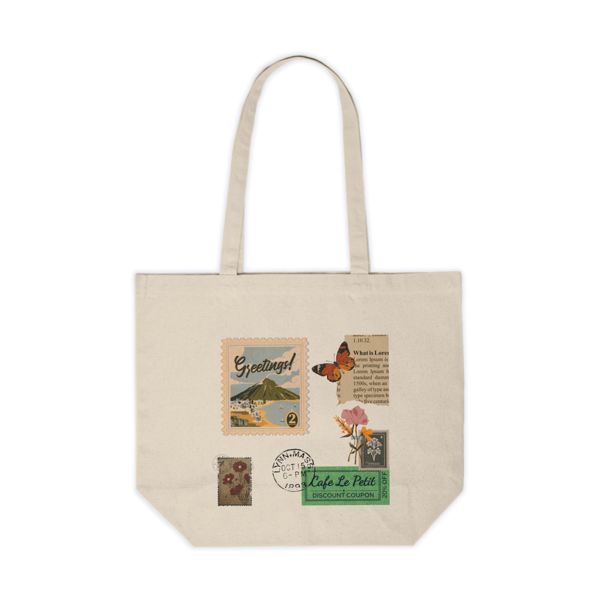 Vintage Postage Collage Canvas Tote — Travel Stamps & Butterfly Market Bag
