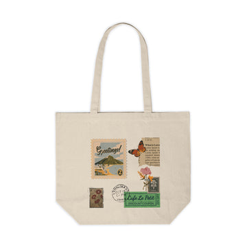 Vintage Postage Collage Canvas Tote — Travel Stamps & Butterfly Market Bag
