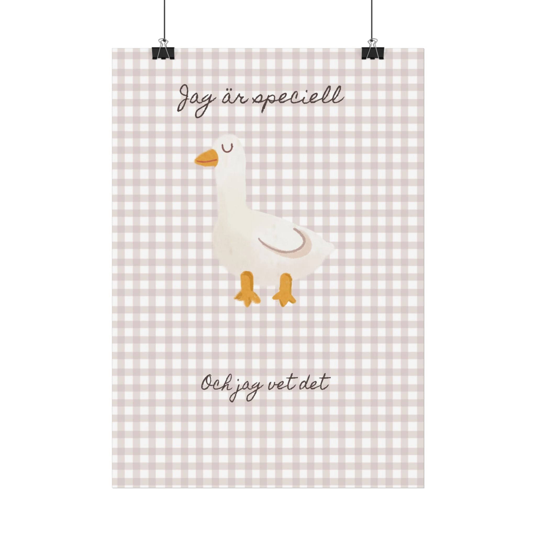 Swedish Goose Nursery Poster — "Jag är speciell och jag vet det" Cute Check Print