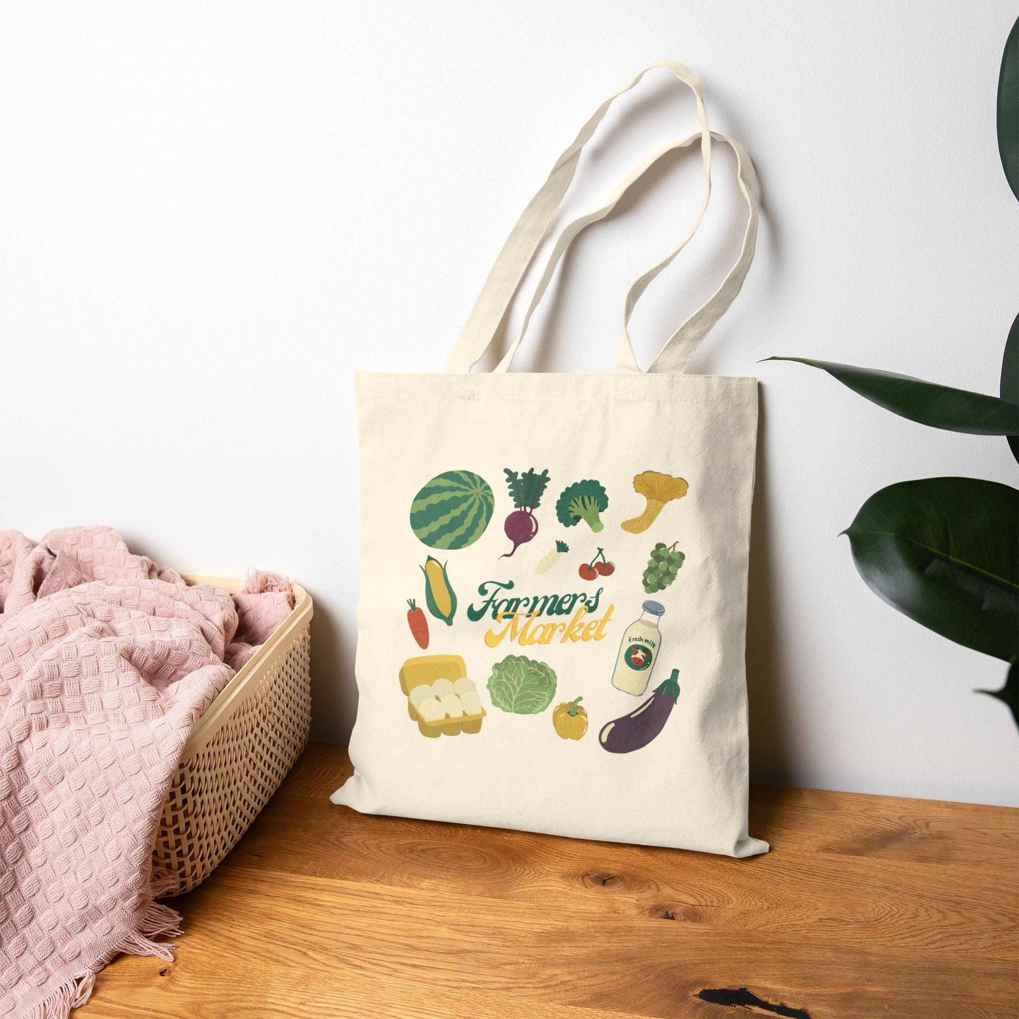 Farmers Market Tote Bag — Reusable Canvas Grocery Shopper with Fresh Veggies Design