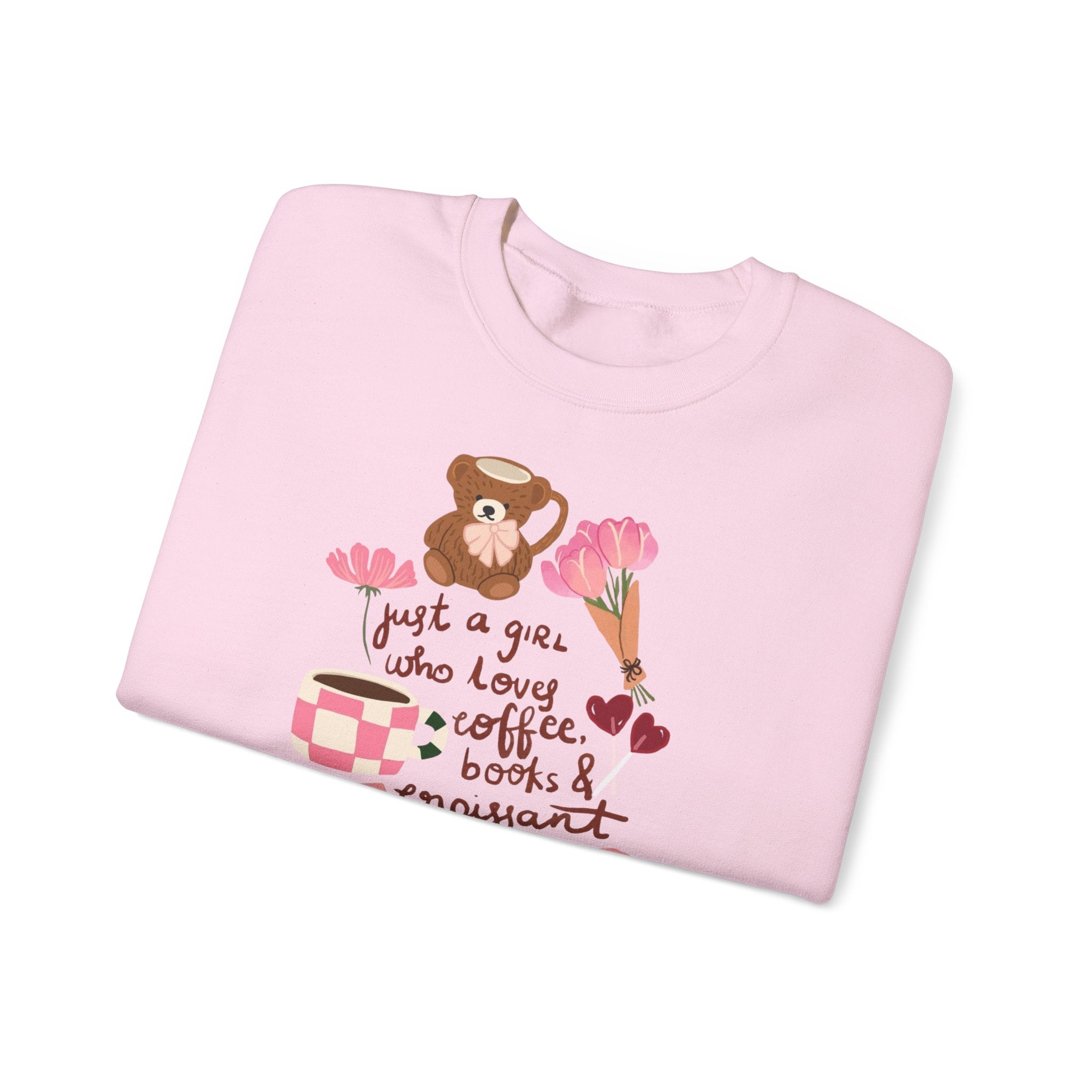 Crewneck Sweatshirt — "Just a Girl Who Loves Coffee, Books & Croissant" Cozy Graphic