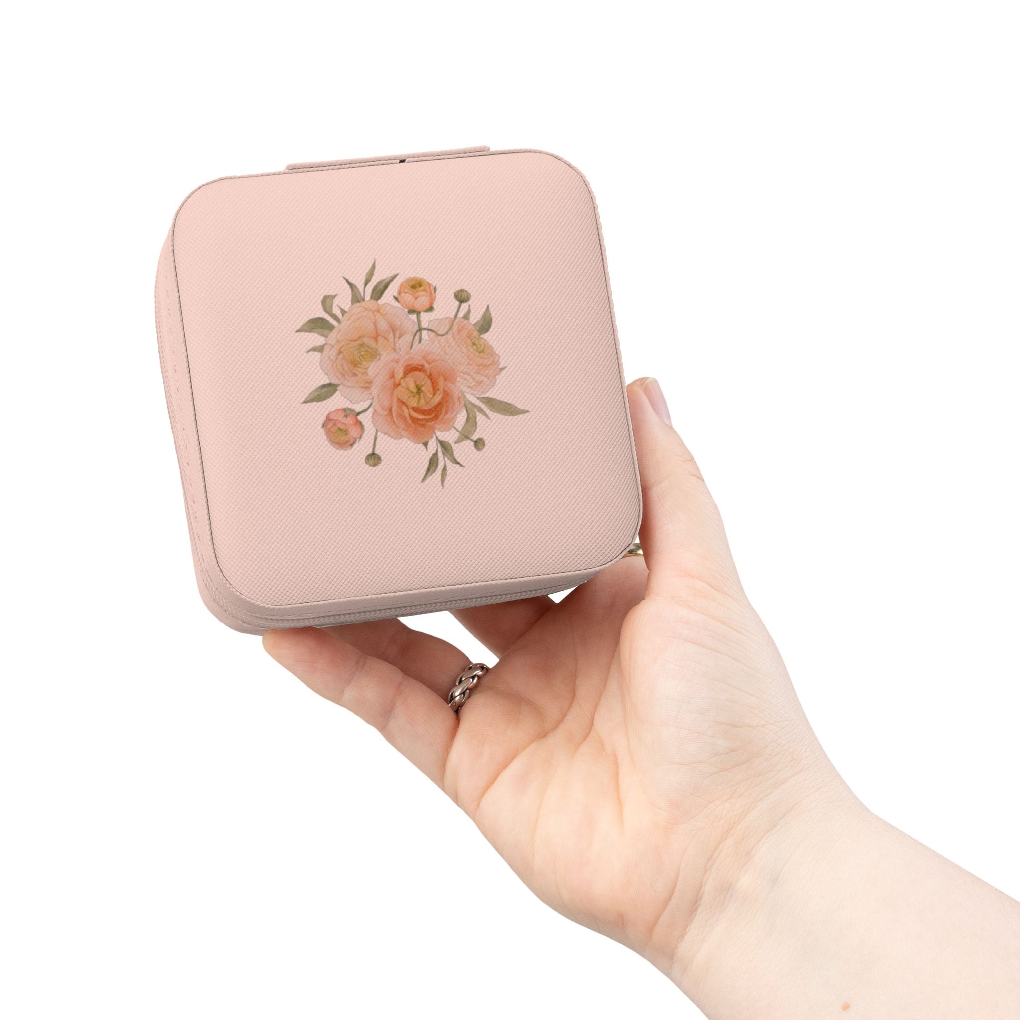 Floral Travel Jewelry Case — Compact Pink Organizer for Rings, Earrings & Necklaces