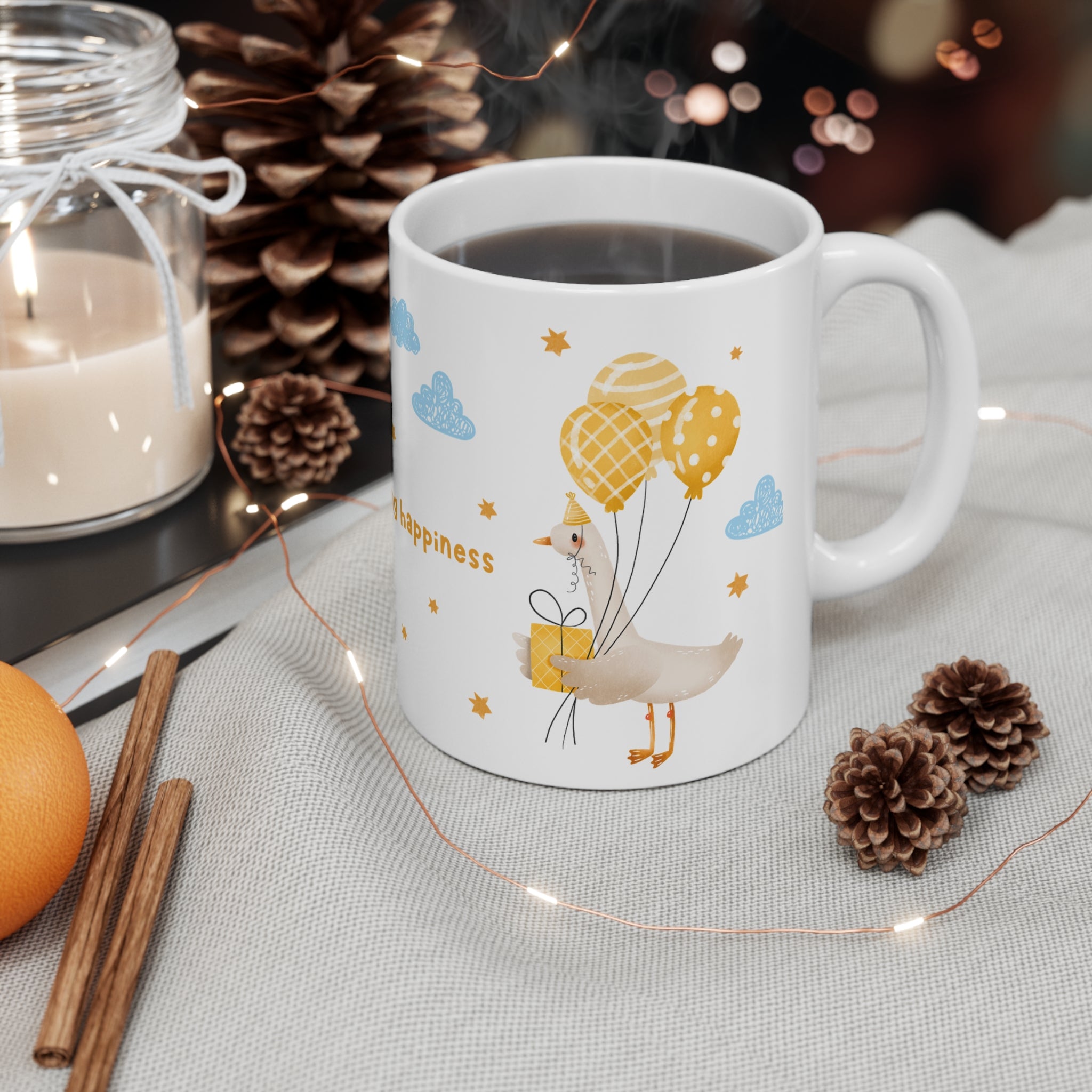 Ceramic Mug — "Little Things Bring Happiness" Cute Cloud & Balloon Design