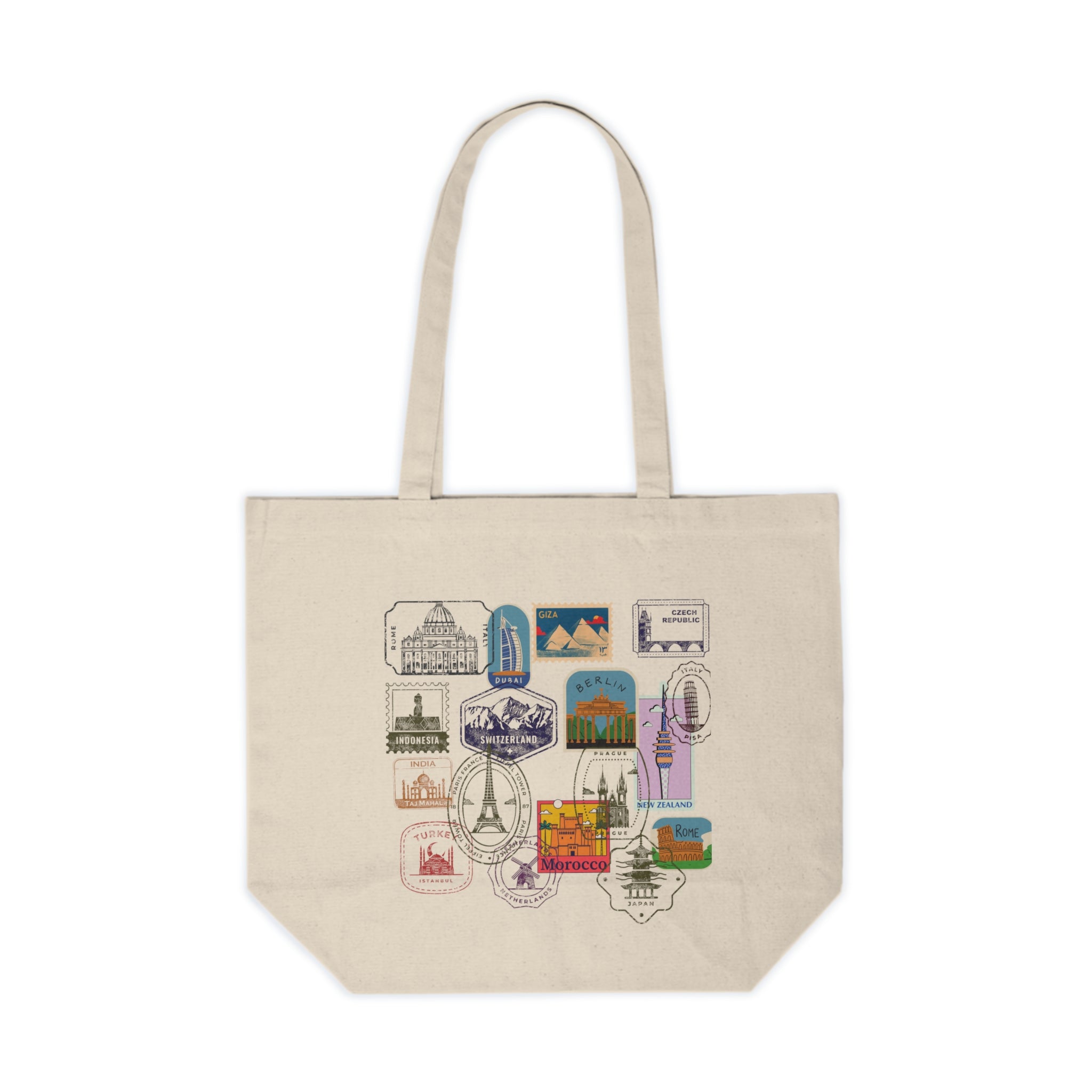 Travel Stamps Canvas Tote — Vintage Postcard Cityscape Shopper