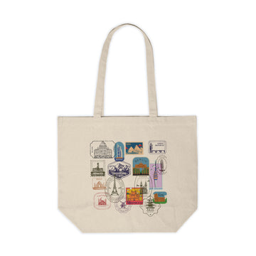 Travel Stamps Canvas Tote — Vintage Postcard Cityscape Shopper