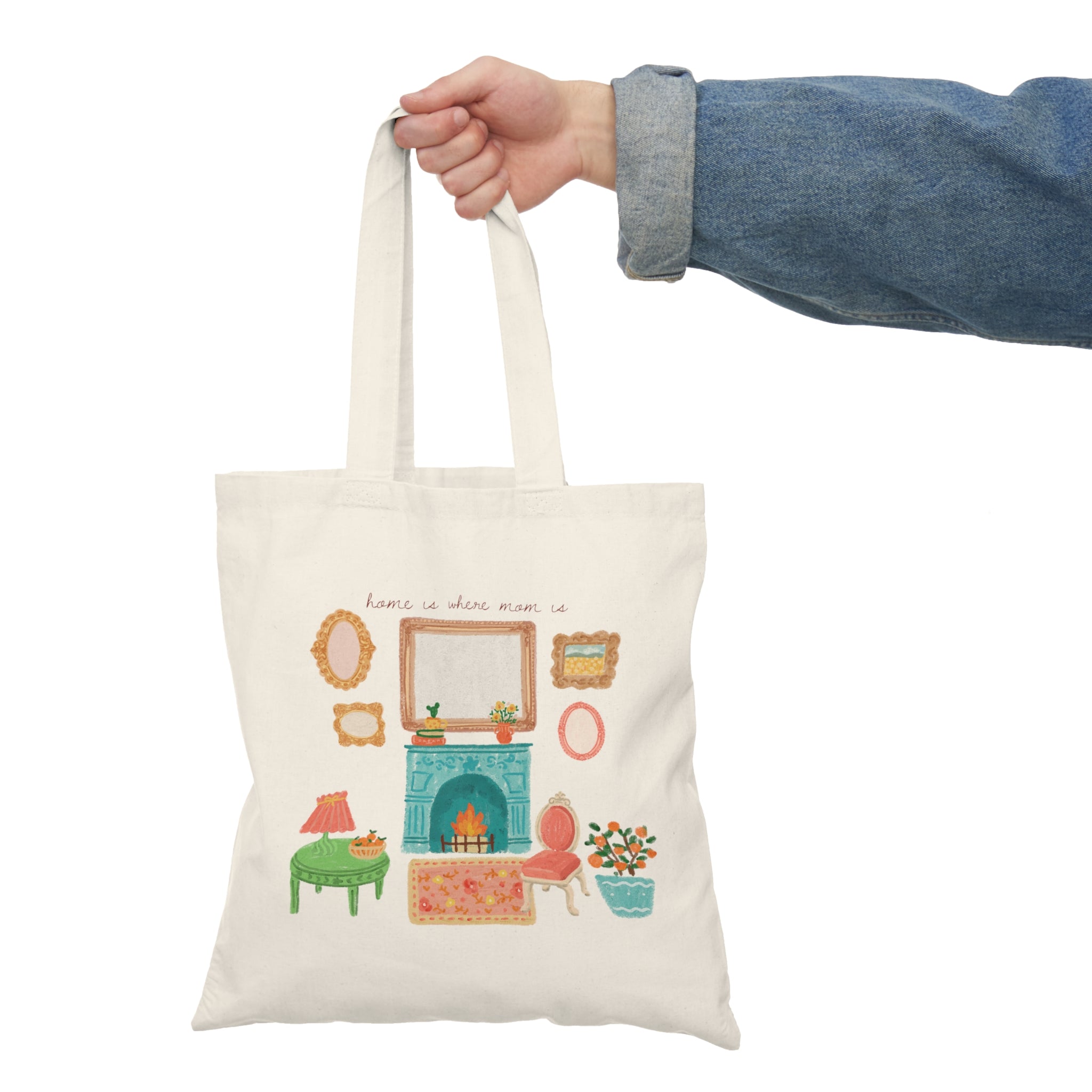 Cozy Living Room Illustration Tote Bag — "Home Is Where Warmth Is" Cotton Canvas Shopper