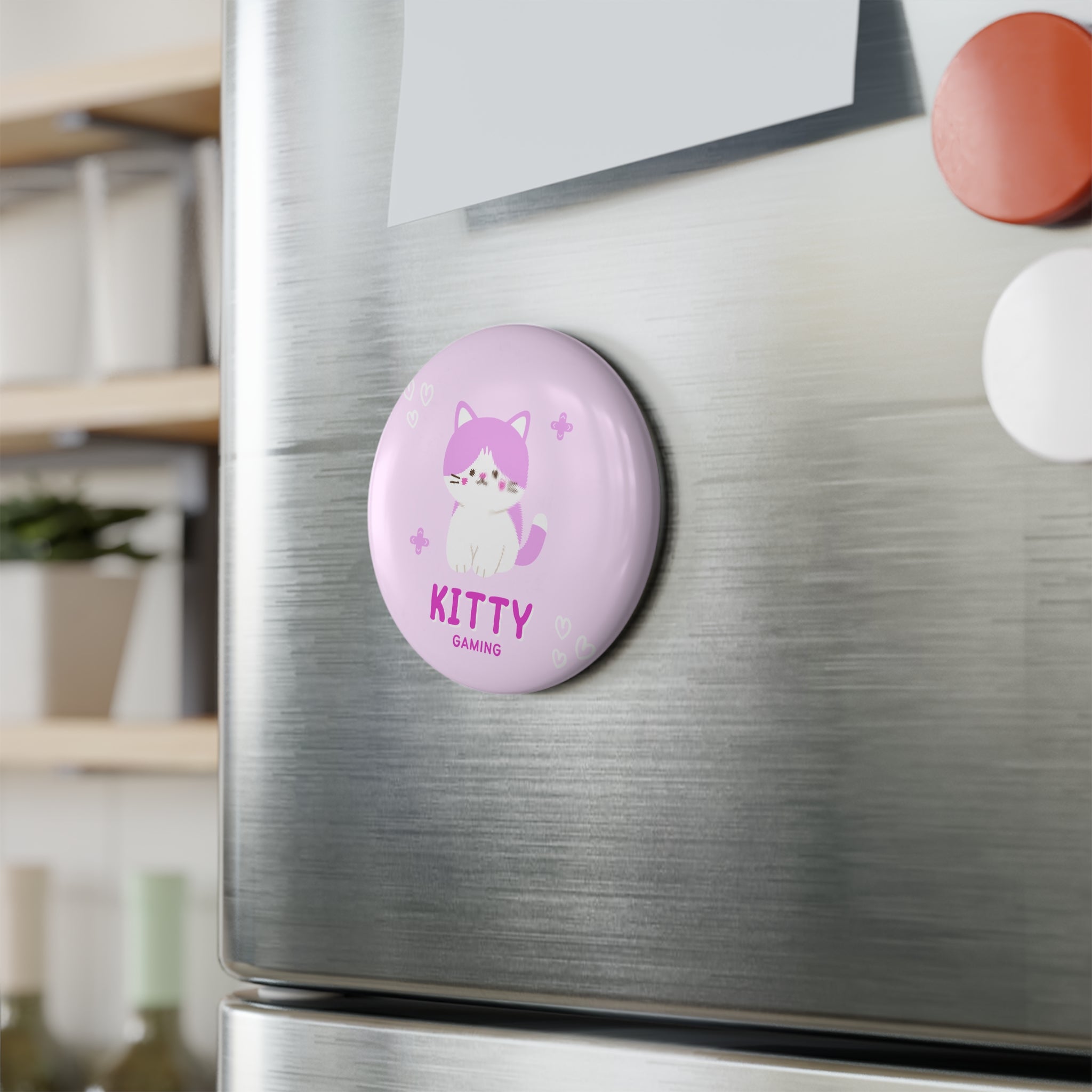 Kitty Gaming Round Button Magnet — Cute Pink Cat Gamer Fridge Magnet