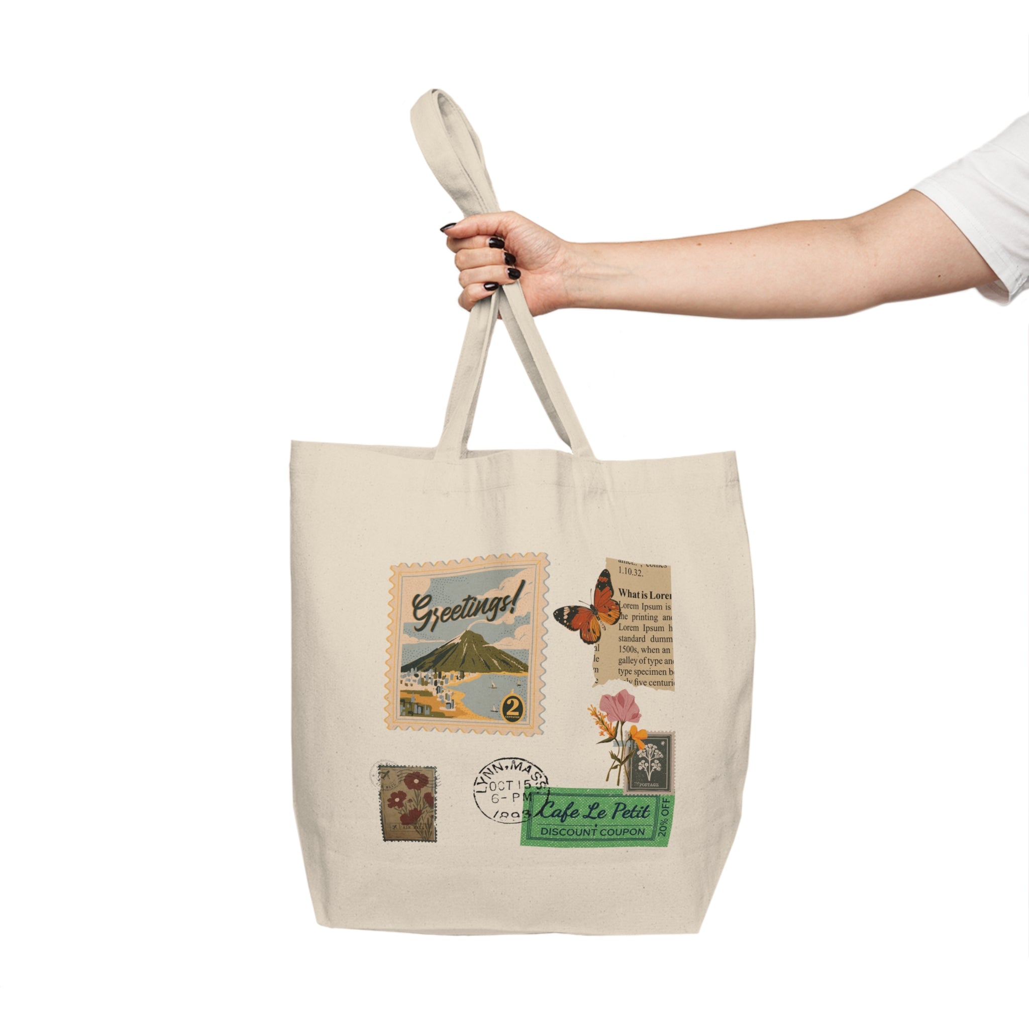 Vintage Postage Collage Canvas Tote — Travel Stamps & Butterfly Market Bag