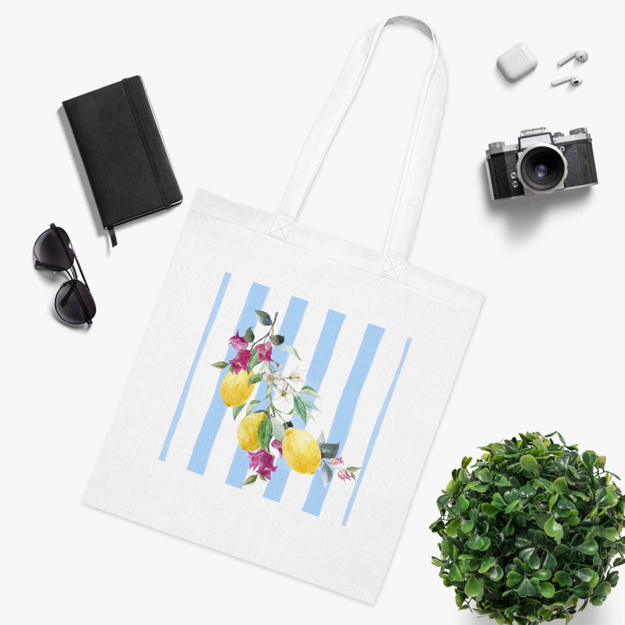 Lemon Blossom Stripe Tote — Floral Cotton Market Bag
