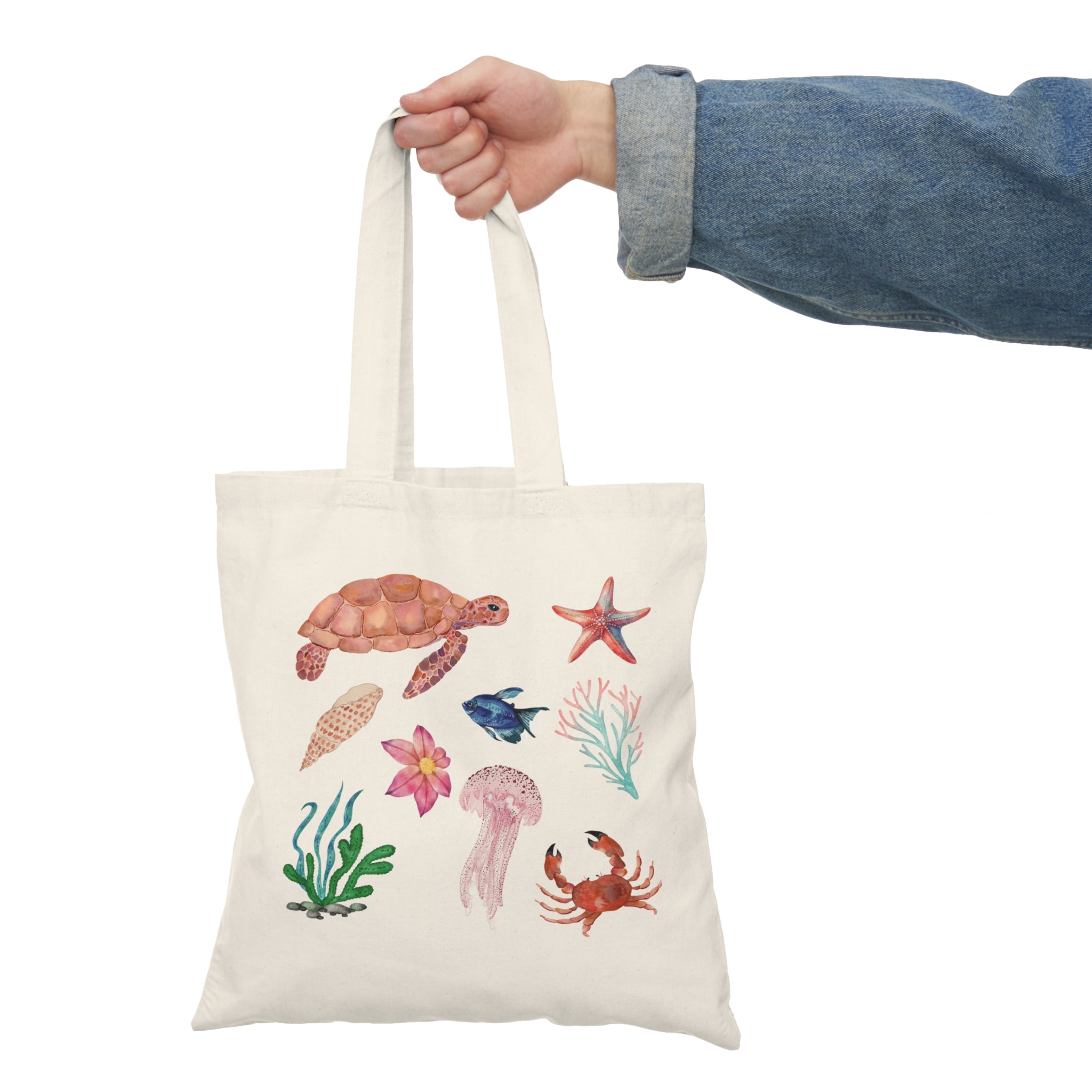 Sea Life Watercolor Tote Bag — Turtle, Jellyfish & Ocean Creatures Canvas Tote