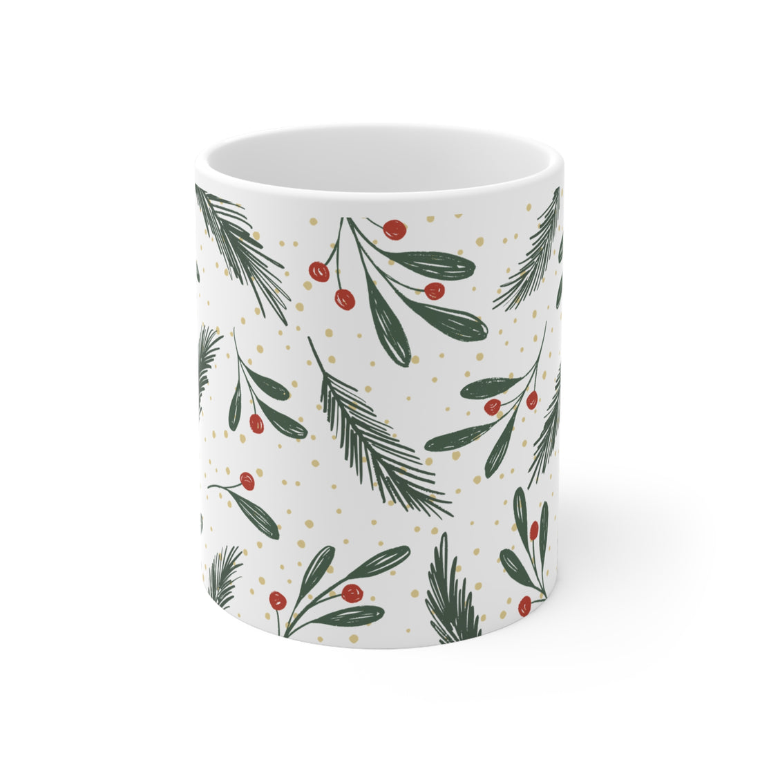 Holiday Mistletoe & Pine Ceramic Coffee Mug — 11oz & 15oz
