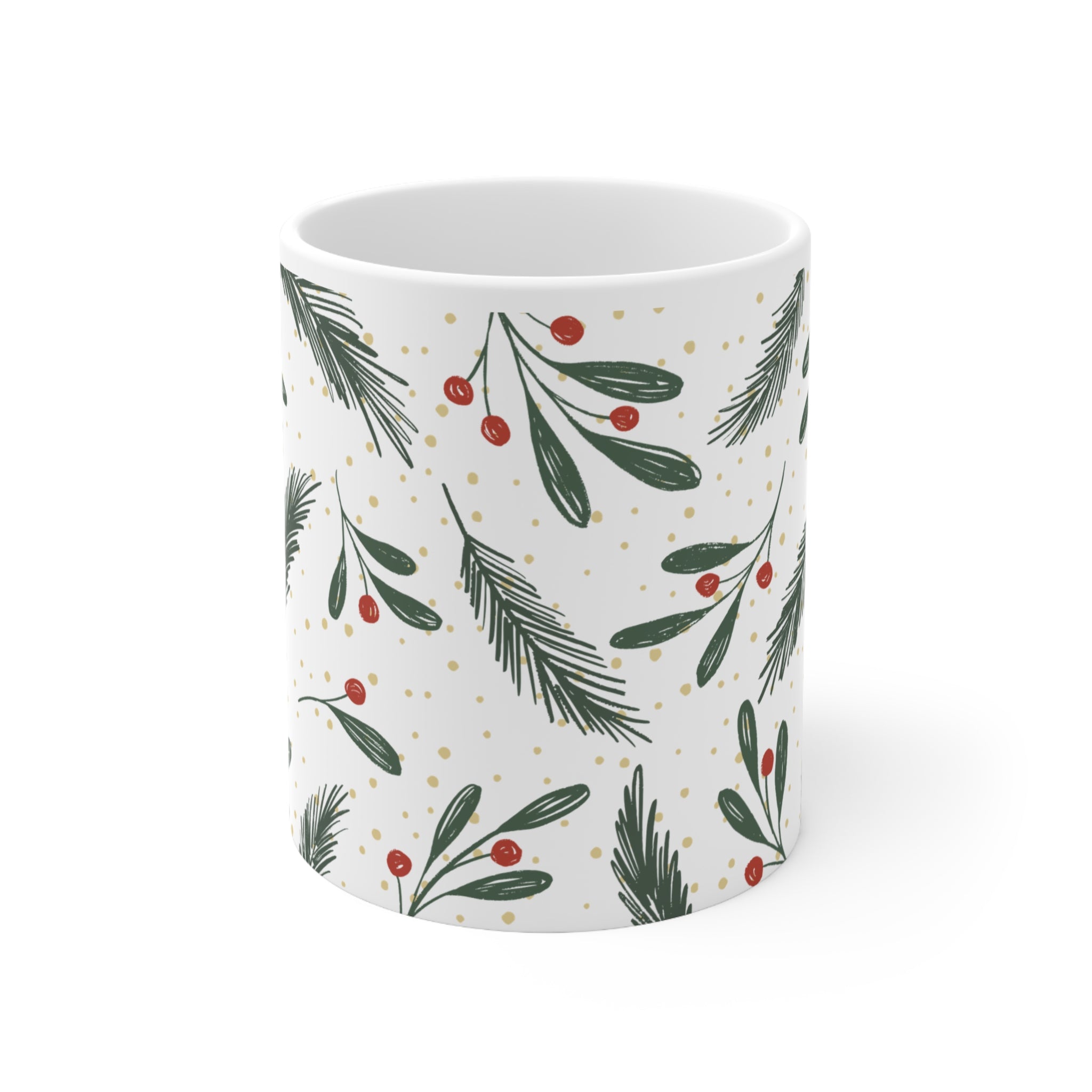 Holiday Mistletoe & Pine Ceramic Coffee Mug — 11oz & 15oz
