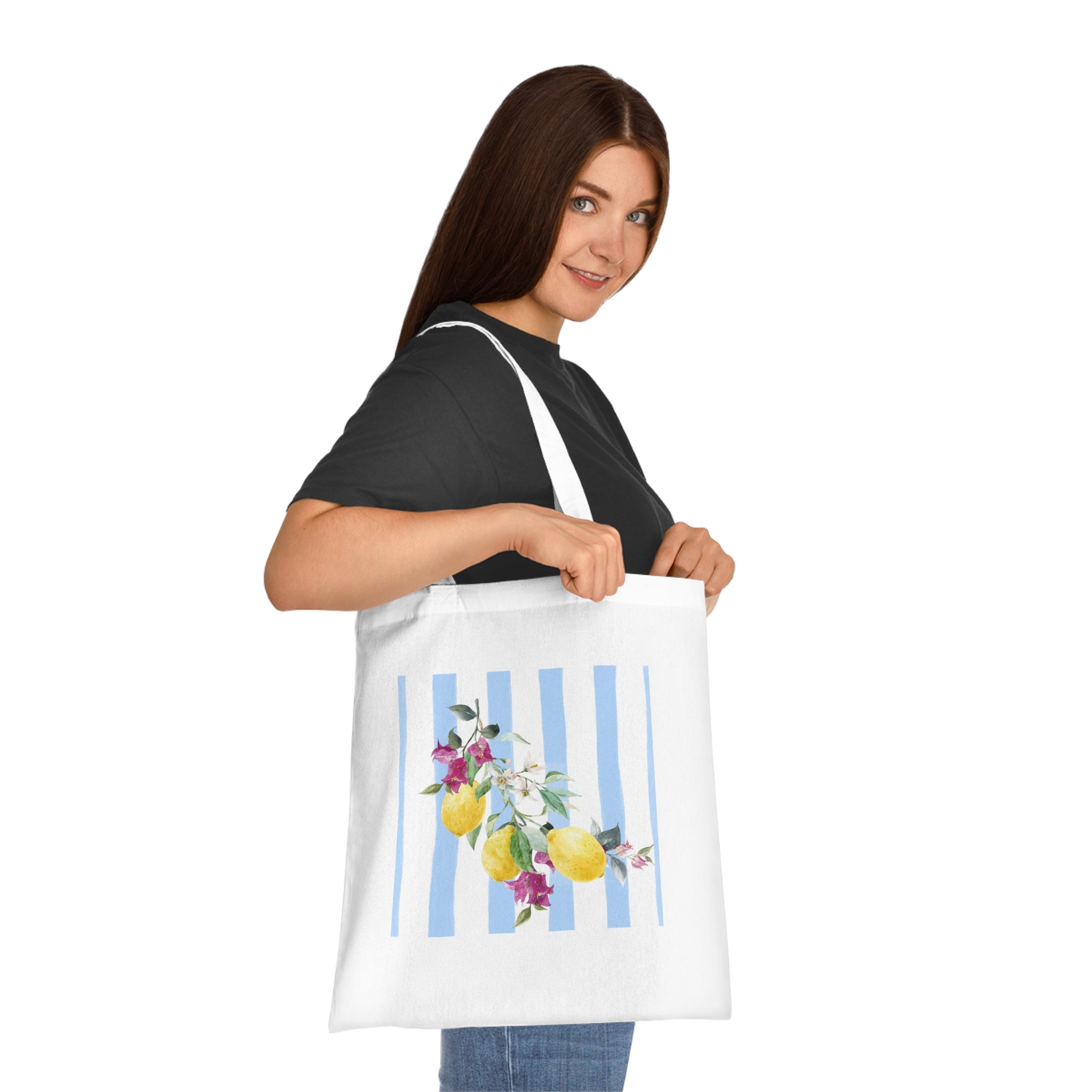 Lemon Blossom Stripe Tote — Floral Cotton Market Bag