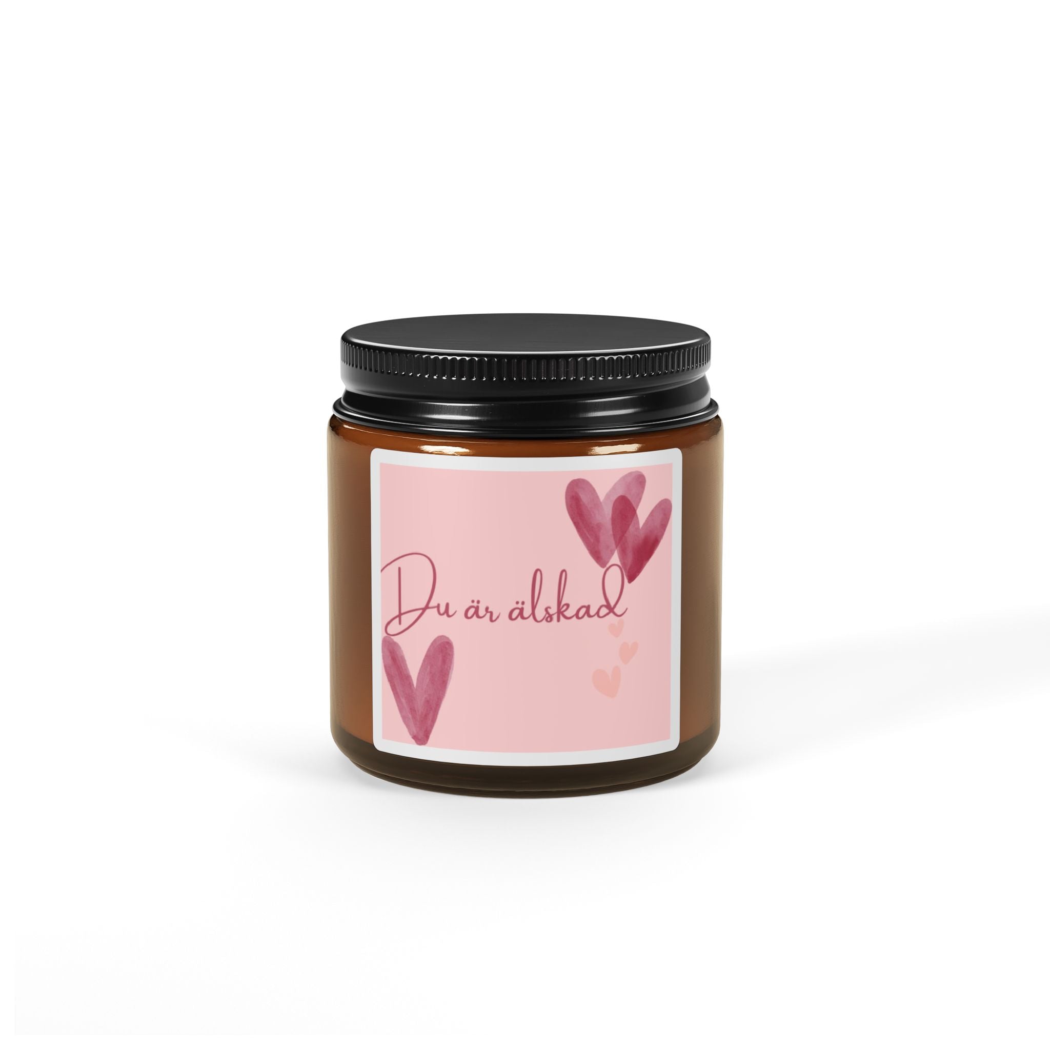 Romantic “Du er elsket” Soy Candle — Amber Jar, Heart Design