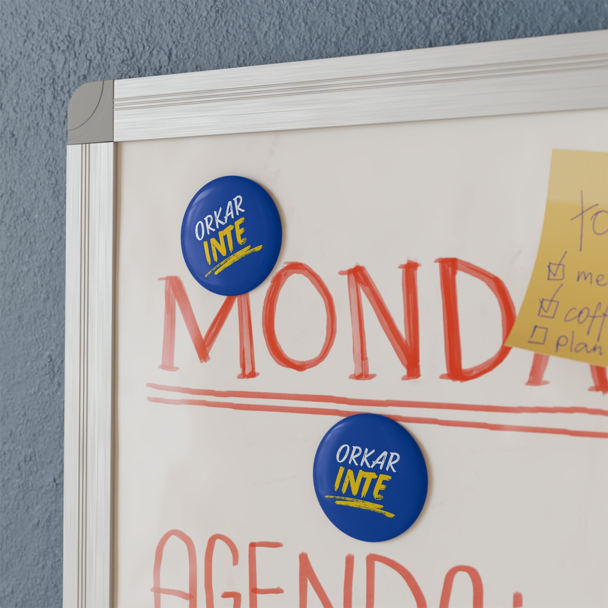 Round Magnet Button — "Orkar Inte" Blue & Yellow Motivational Badge