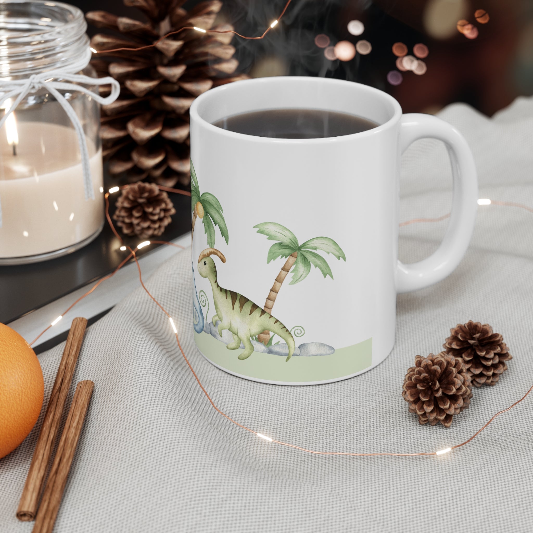 Dinosaur Palm Trees Ceramic Mug — Cute Watercolor Dino Coffee Cup (11oz/15oz)