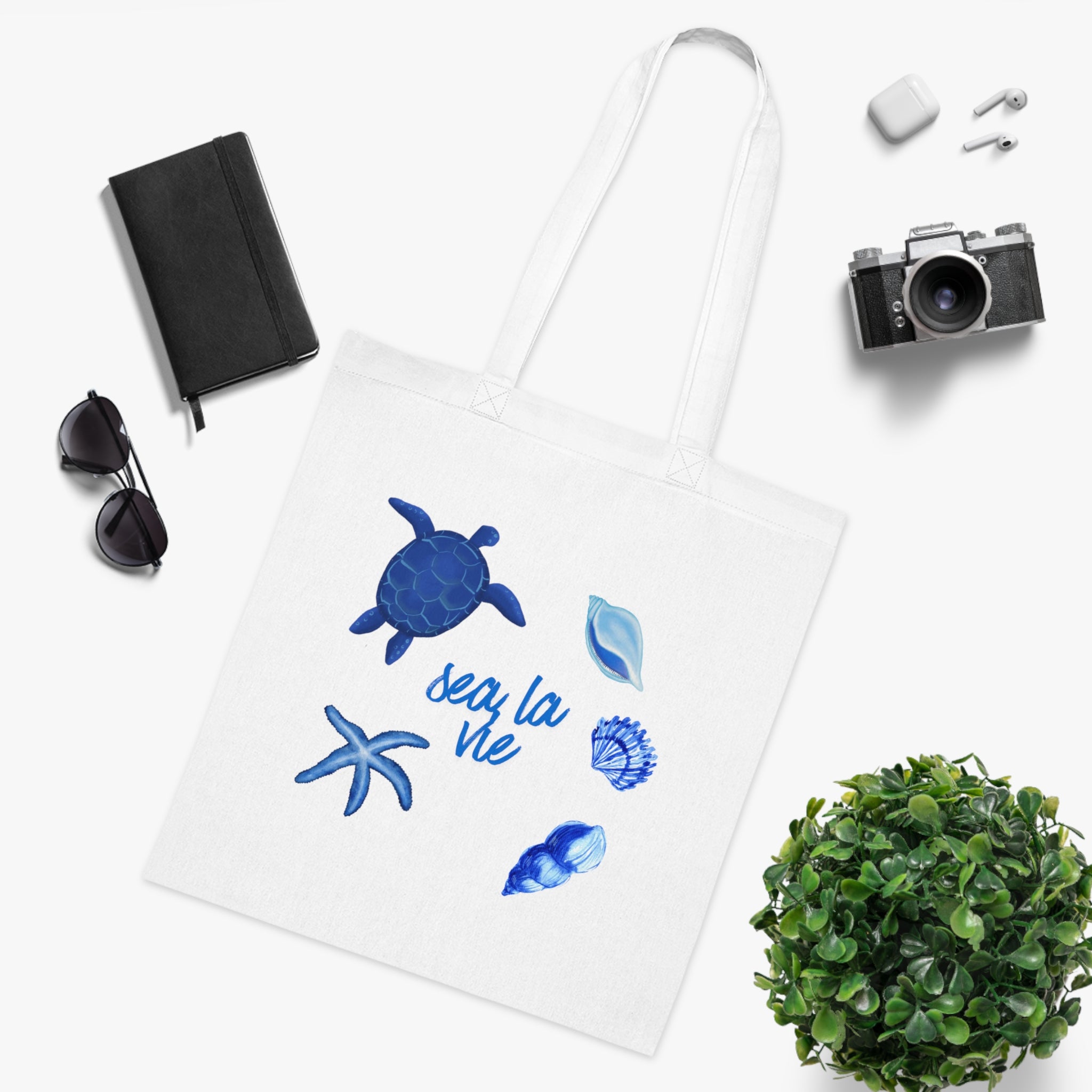 Sea La Vie Blue Seashell Tote - Coastal Canvas Cotton Tote with Turtle & Starfish Design