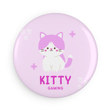 Kitty Gaming Round Button Magnet — Cute Pink Cat Gamer Fridge Magnet