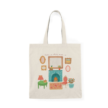 Cozy Living Room Illustration Tote Bag — "Home Is Where Warmth Is" Cotton Canvas Shopper