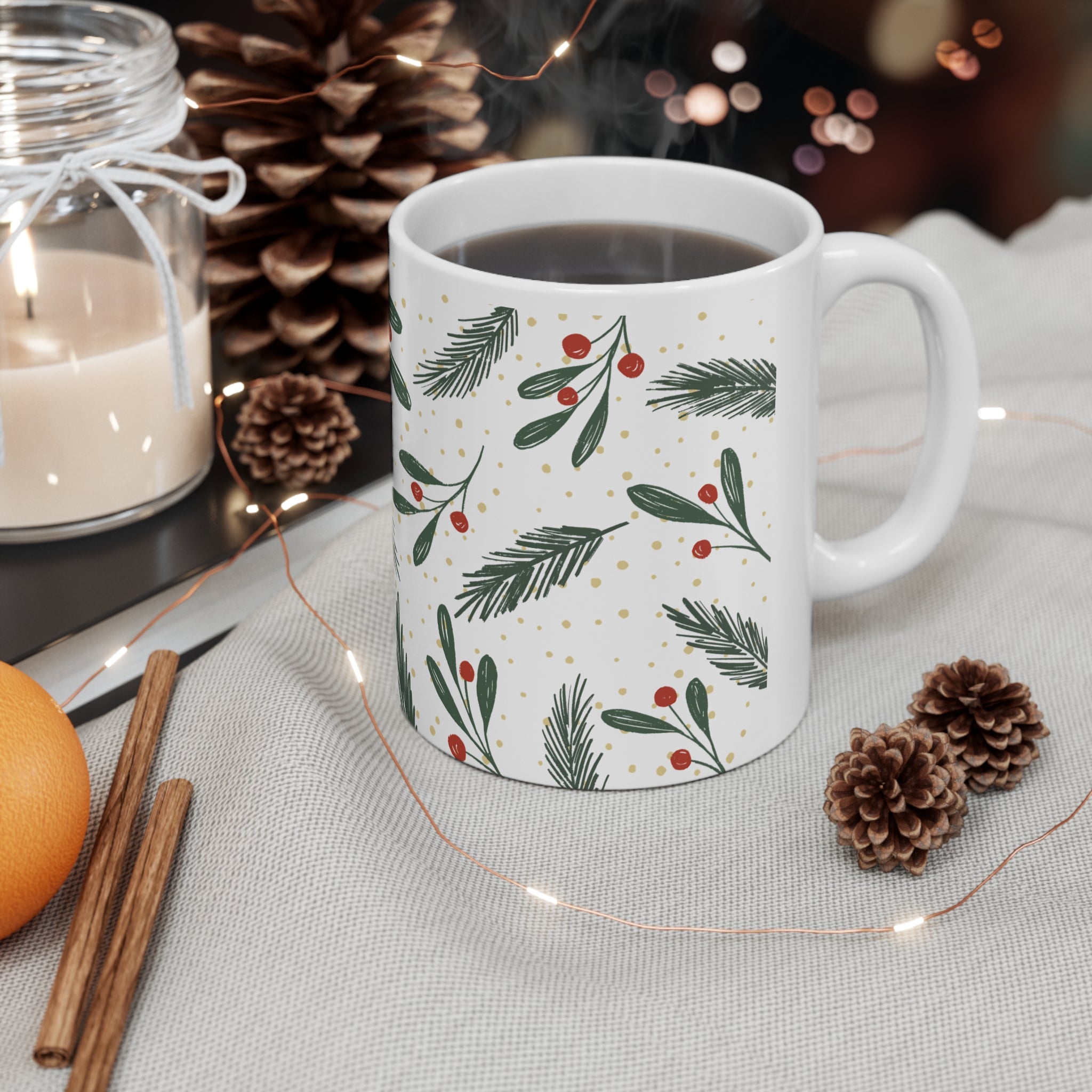 Holiday Mistletoe & Pine Ceramic Coffee Mug — 11oz & 15oz