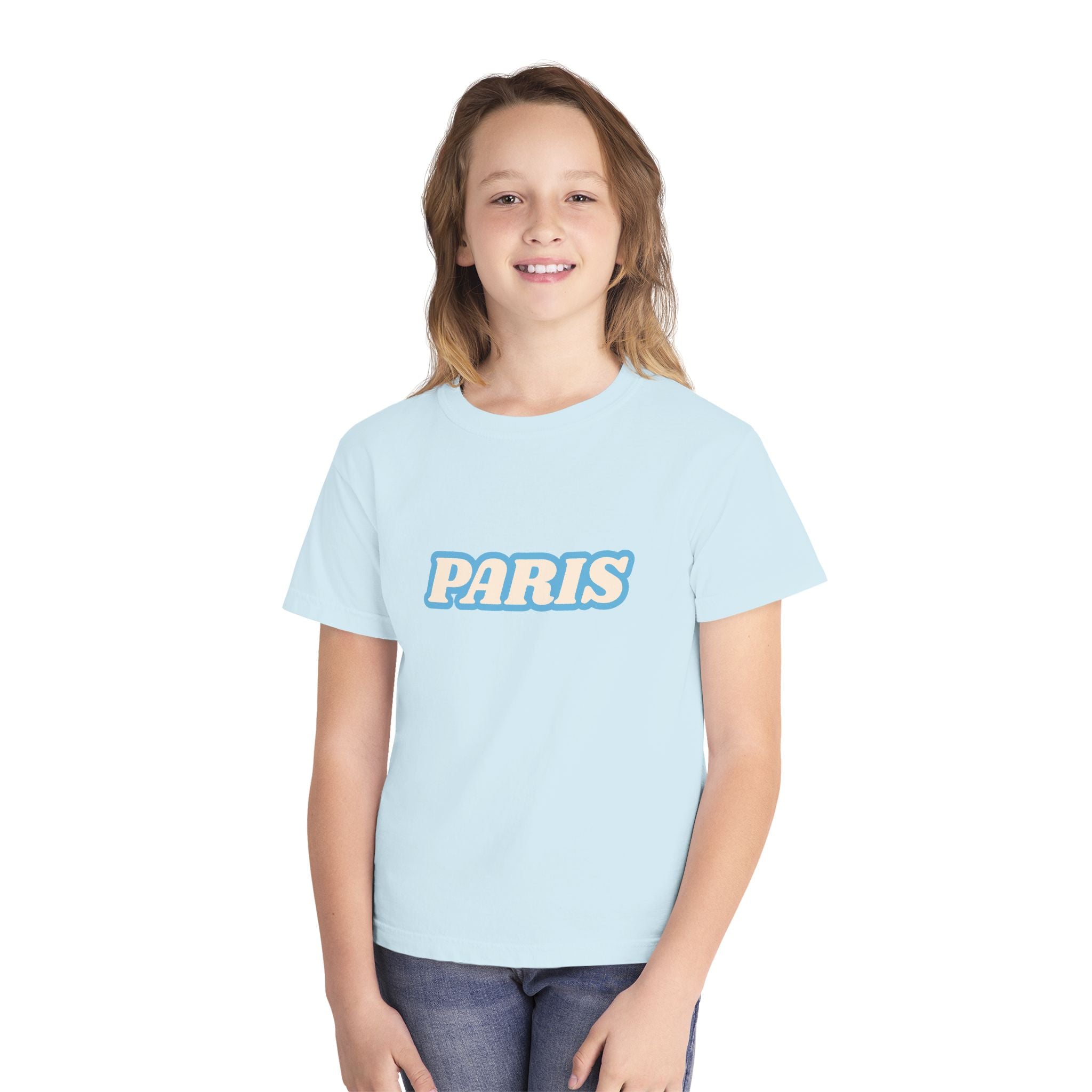 Paris Youth T-Shirt — Retro Bubble Letter Tee for Kids (Light Blue)