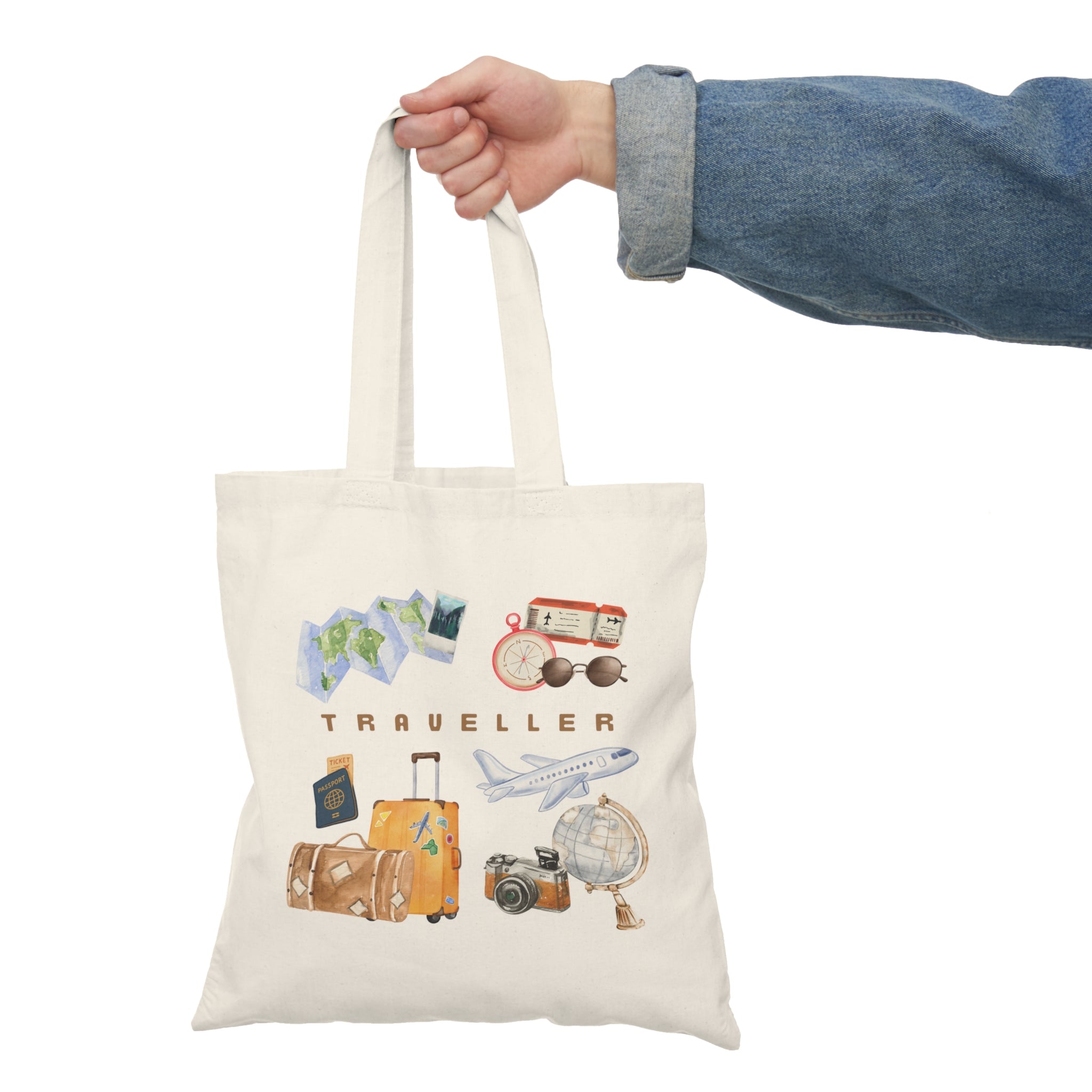 Traveller Travel Icons Natural Tote Bag – Lightweight Canvas Luggage, Camera & Globe Design