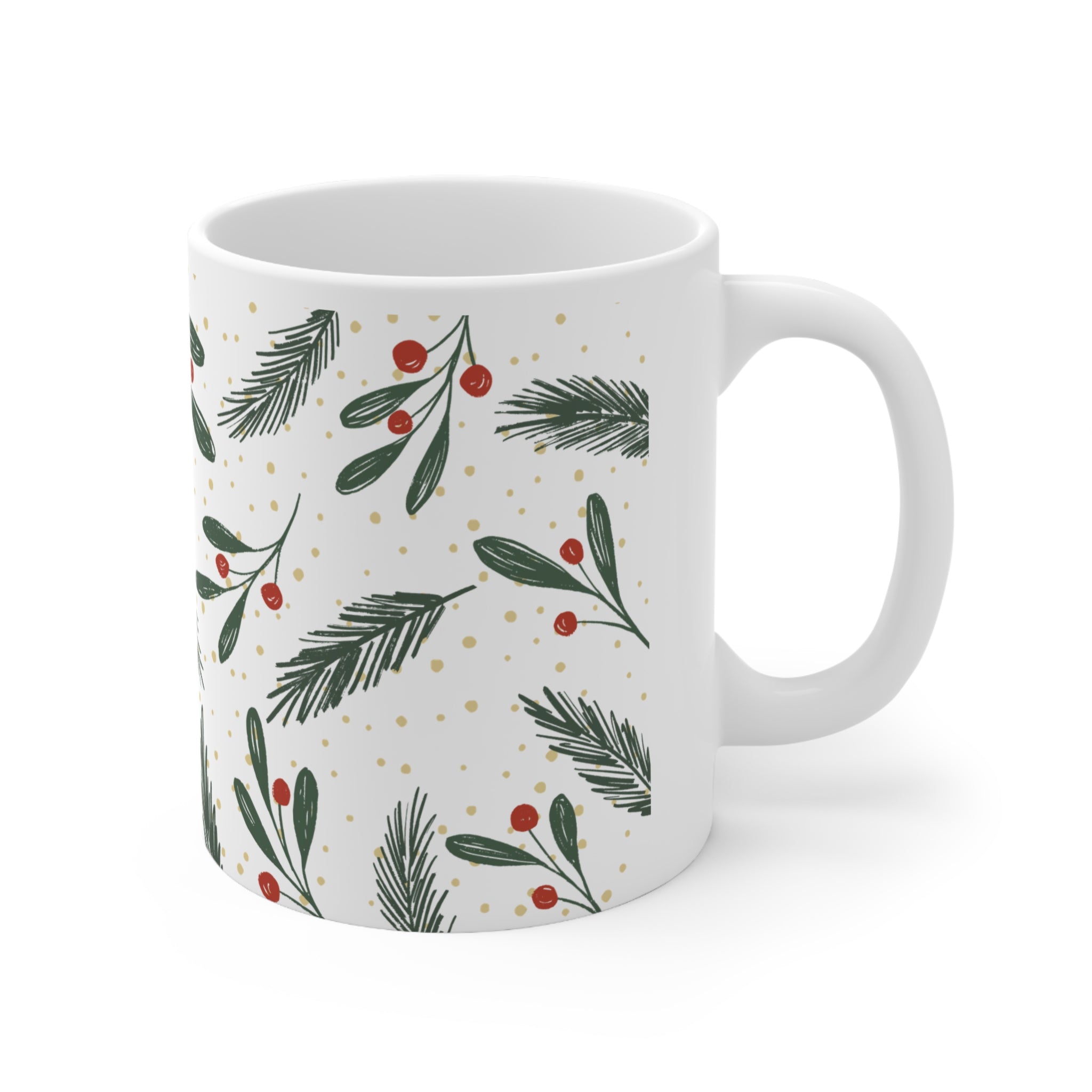 Holiday Mistletoe & Pine Ceramic Coffee Mug — 11oz & 15oz