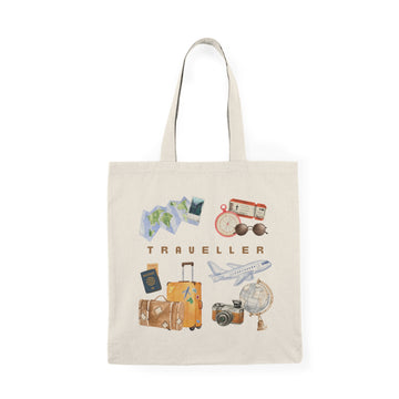 Traveller Travel Icons Natural Tote Bag – Lightweight Canvas Luggage, Camera & Globe Design