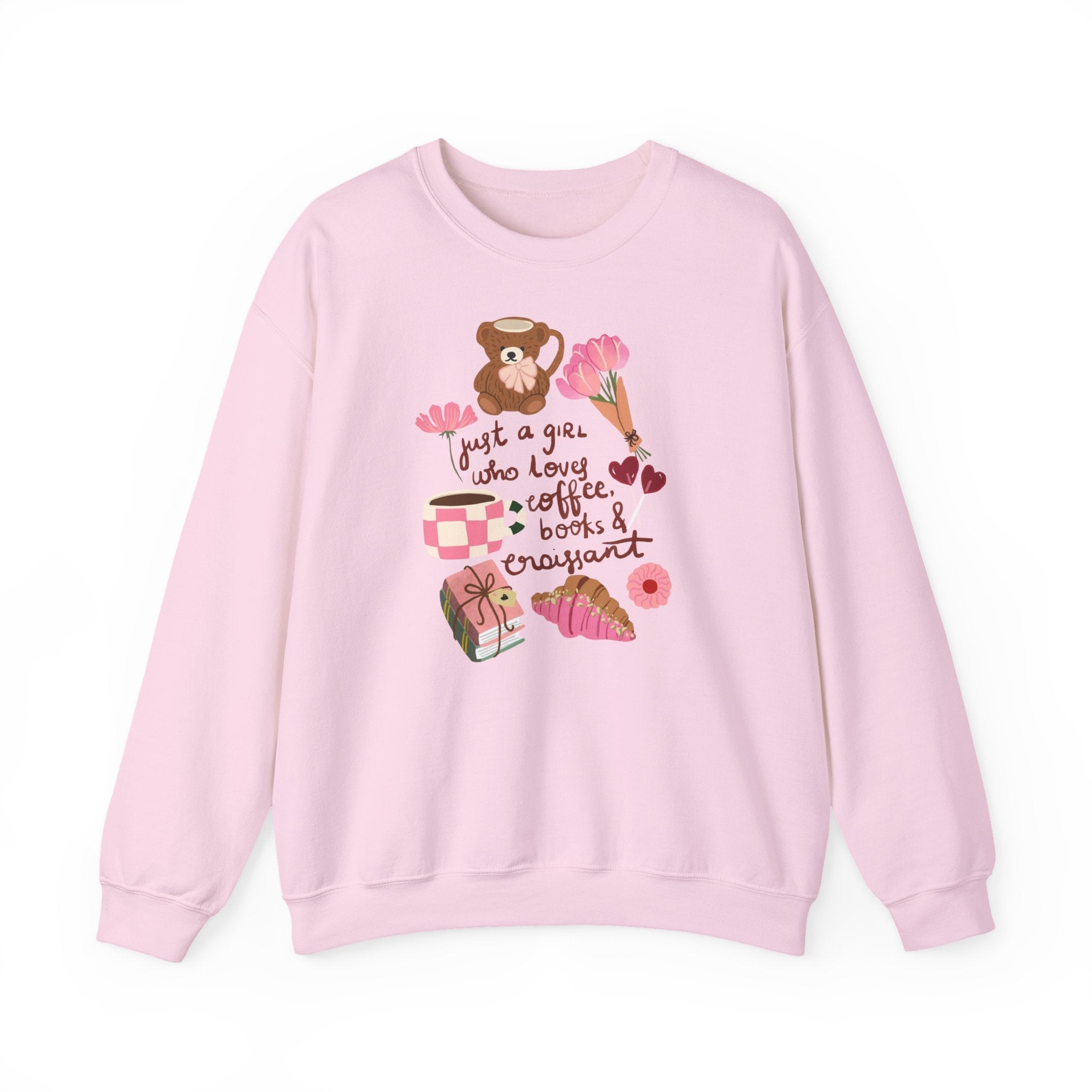 Crewneck Sweatshirt — "Just a Girl Who Loves Coffee, Books & Croissant" Cozy Graphic