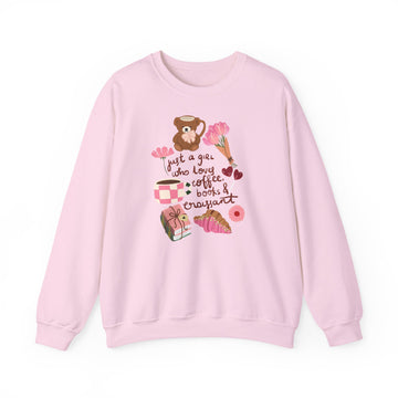 Crewneck Sweatshirt — "Just a Girl Who Loves Coffee, Books & Croissant" Cozy Graphic