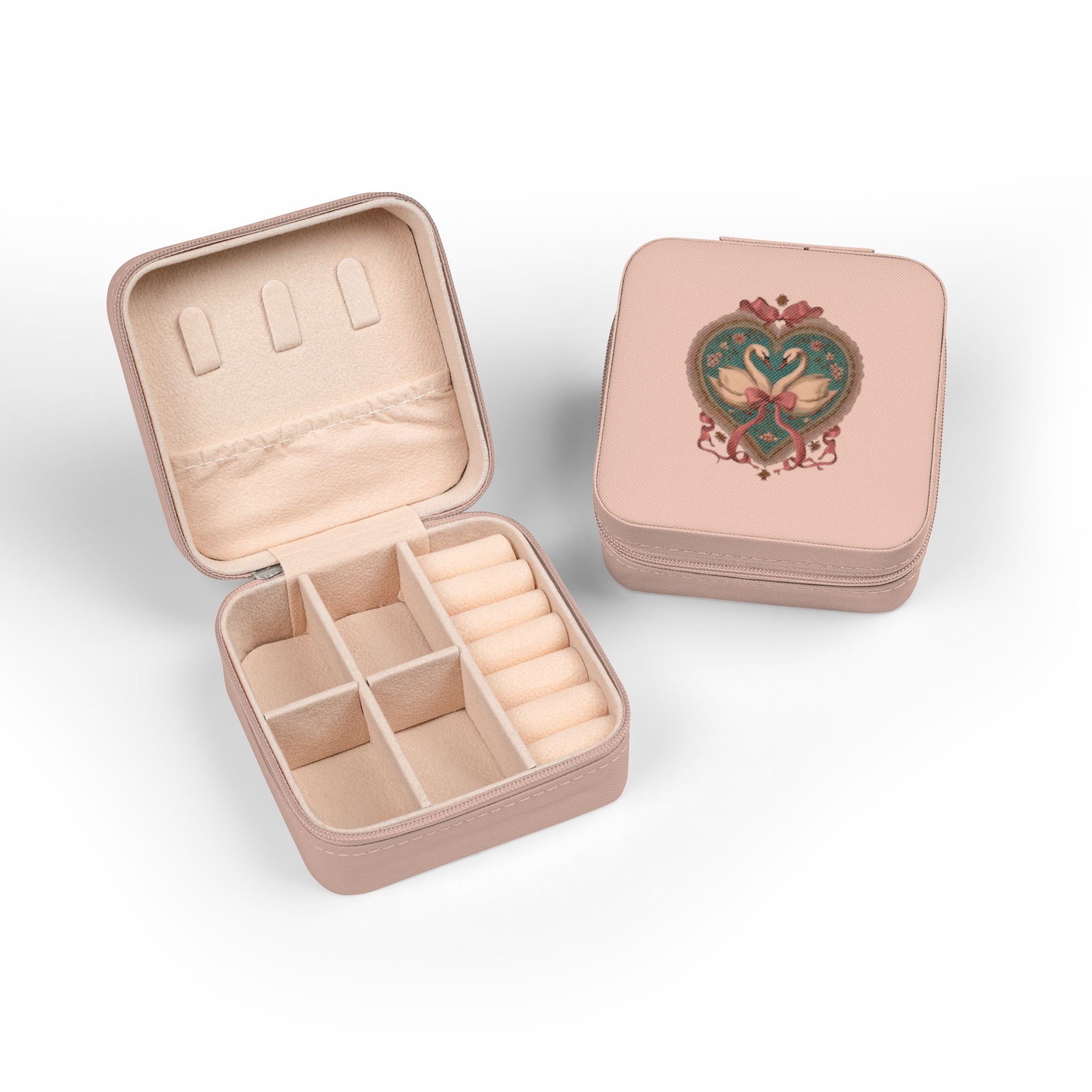Compact Heart Swan Travel Jewelry Case — Portable Organizer for Rings, Earrings & Necklaces
