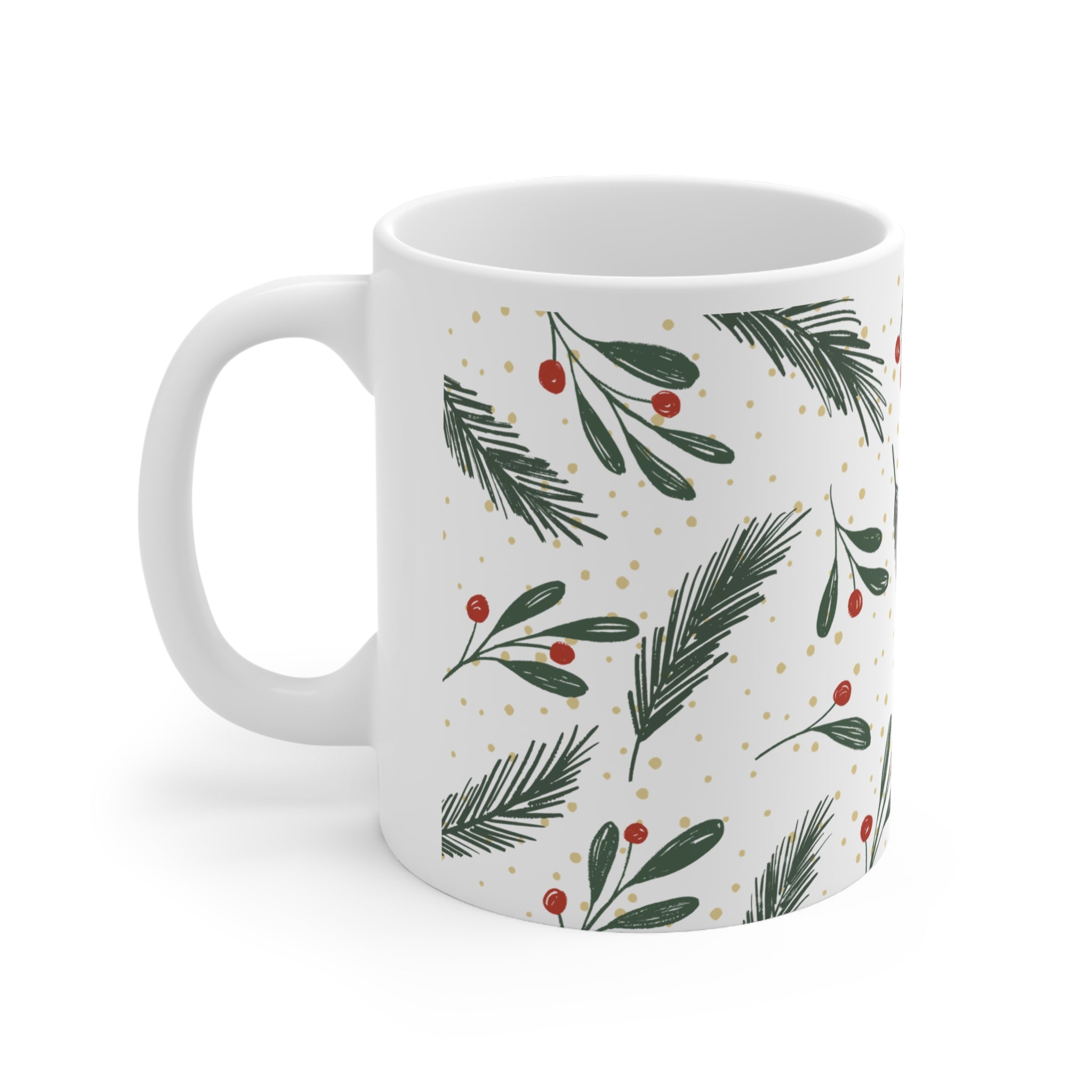 Holiday Mistletoe & Pine Ceramic Coffee Mug — 11oz & 15oz