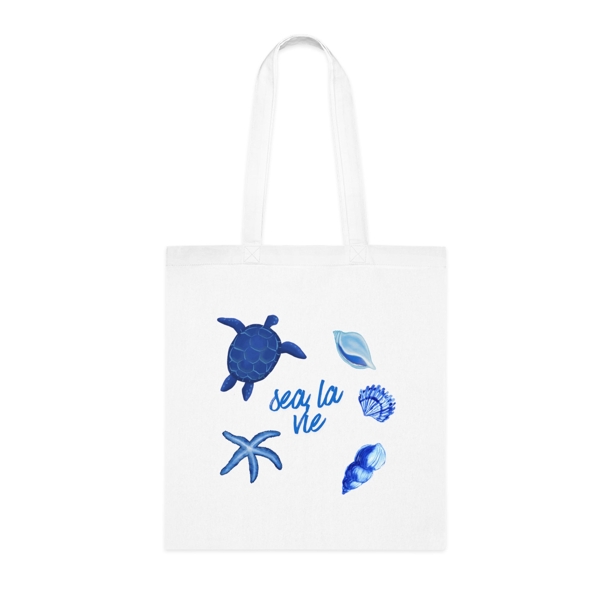 Sea La Vie Blue Seashell Tote - Coastal Canvas Cotton Tote with Turtle & Starfish Design
