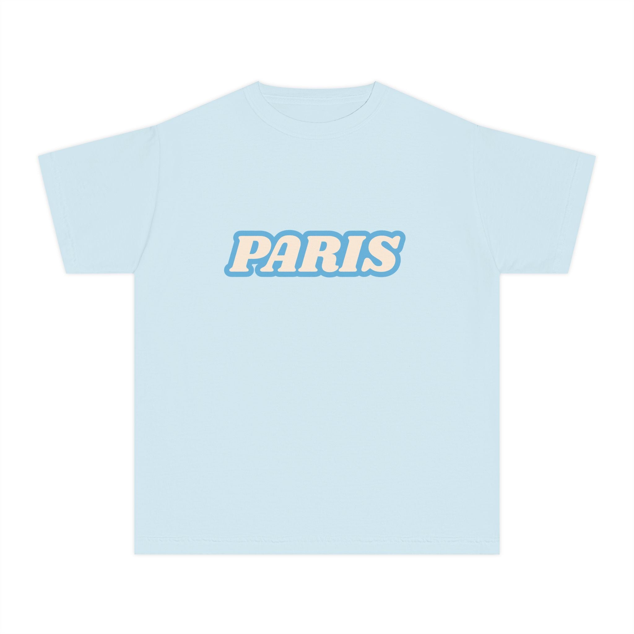 Paris Youth T-Shirt — Retro Bubble Letter Tee for Kids (Light Blue)