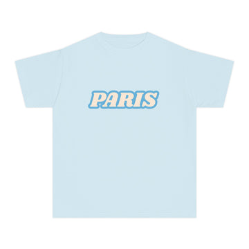 Paris Youth T-Shirt — Retro Bubble Letter Tee for Kids (Light Blue)