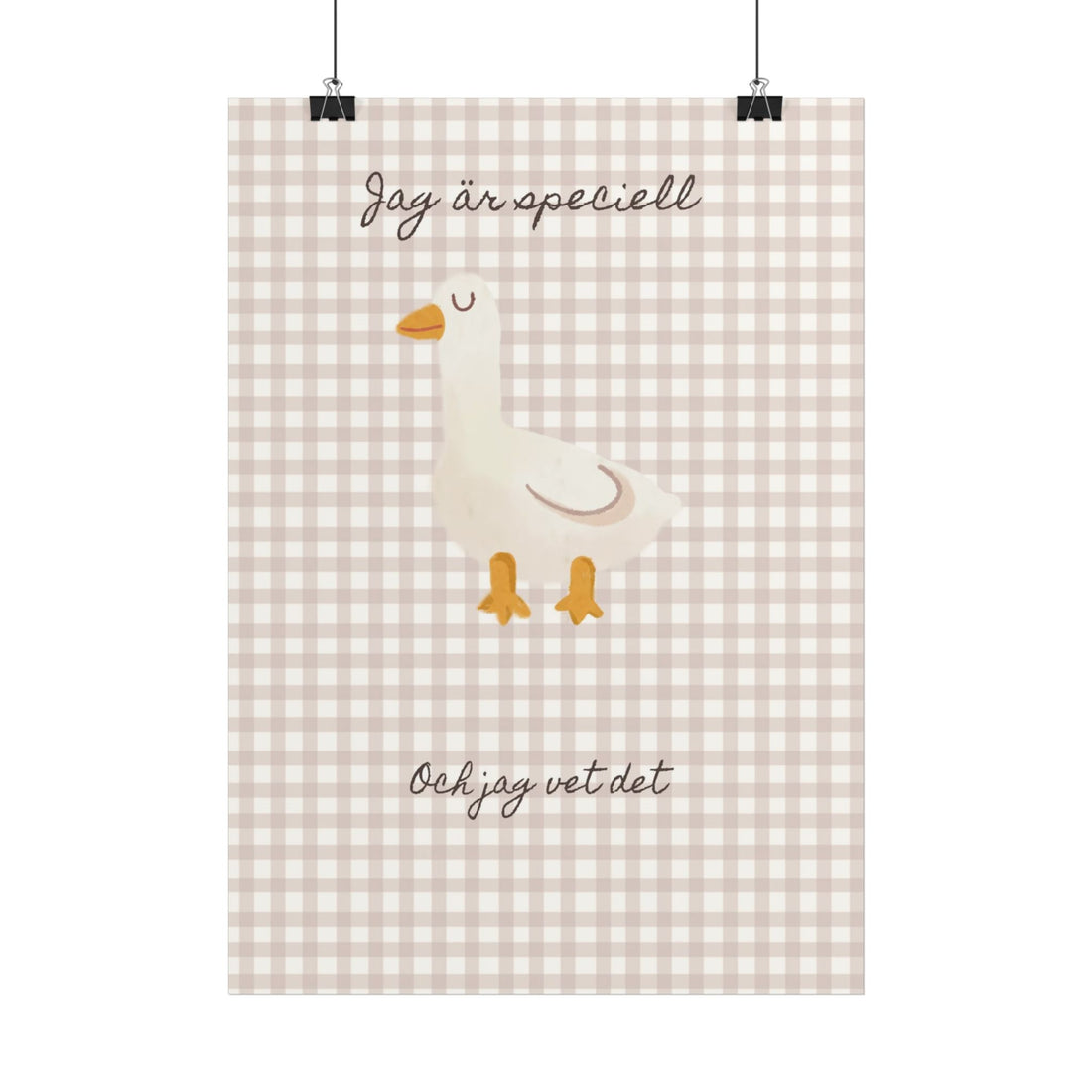 Swedish Goose Nursery Poster — "Jag är speciell och jag vet det" Cute Check Print
