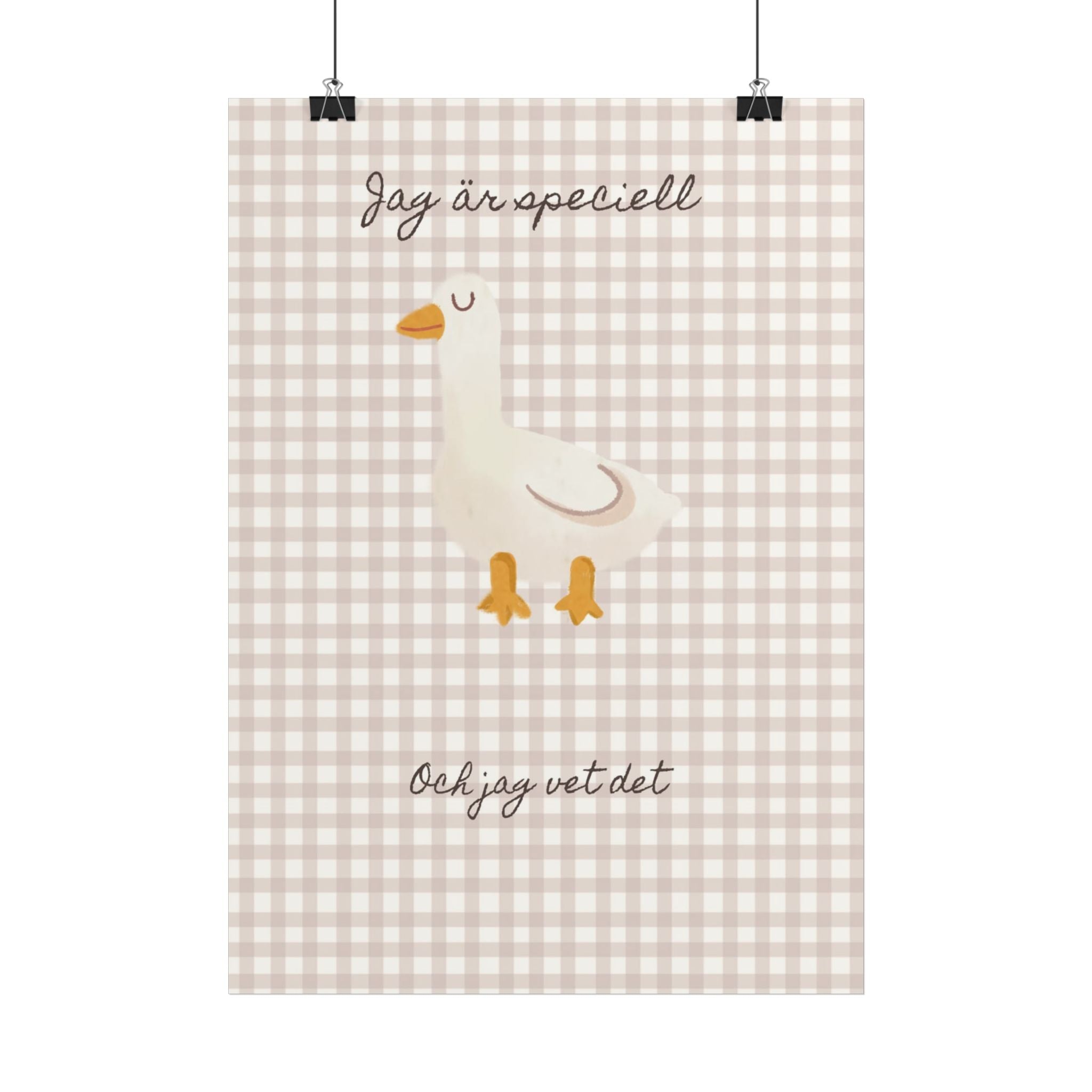 Swedish Goose Nursery Poster — "Jag är speciell och jag vet det" Cute Check Print