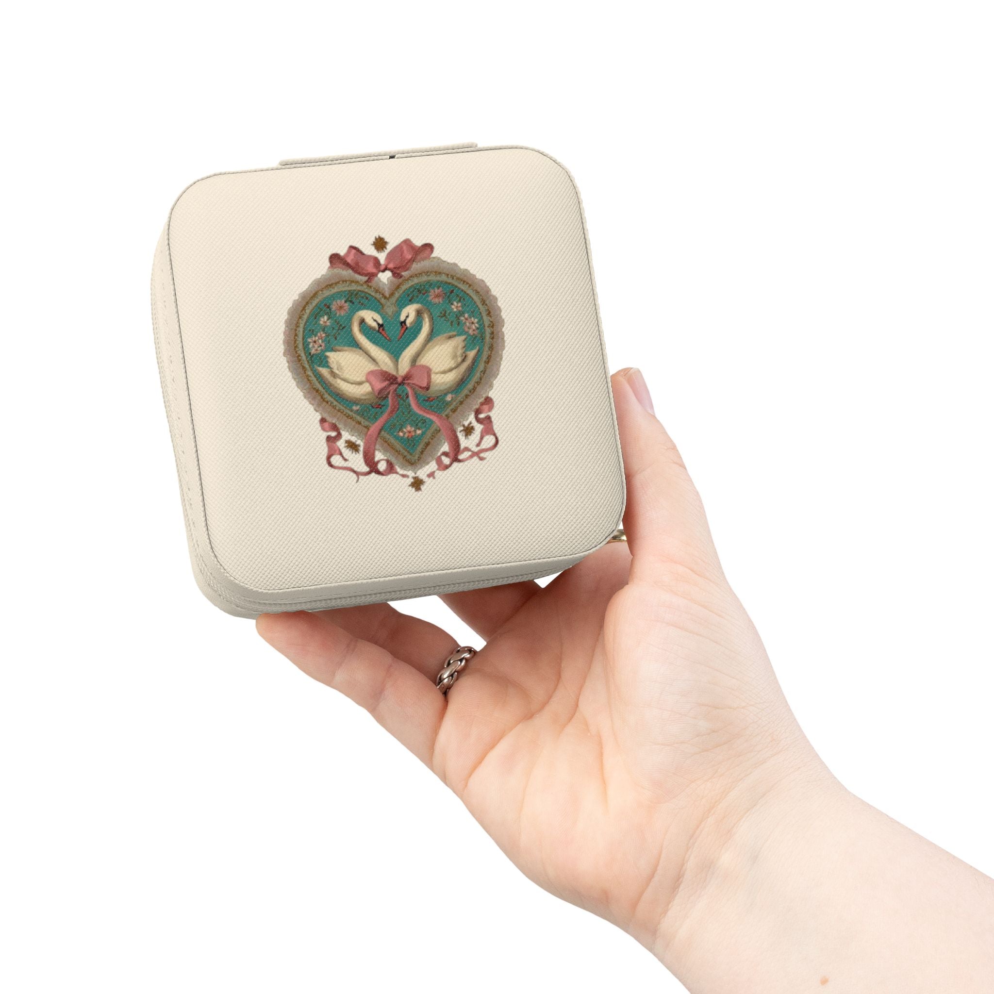 Compact Heart Swan Travel Jewelry Case — Portable Organizer for Rings, Earrings & Necklaces