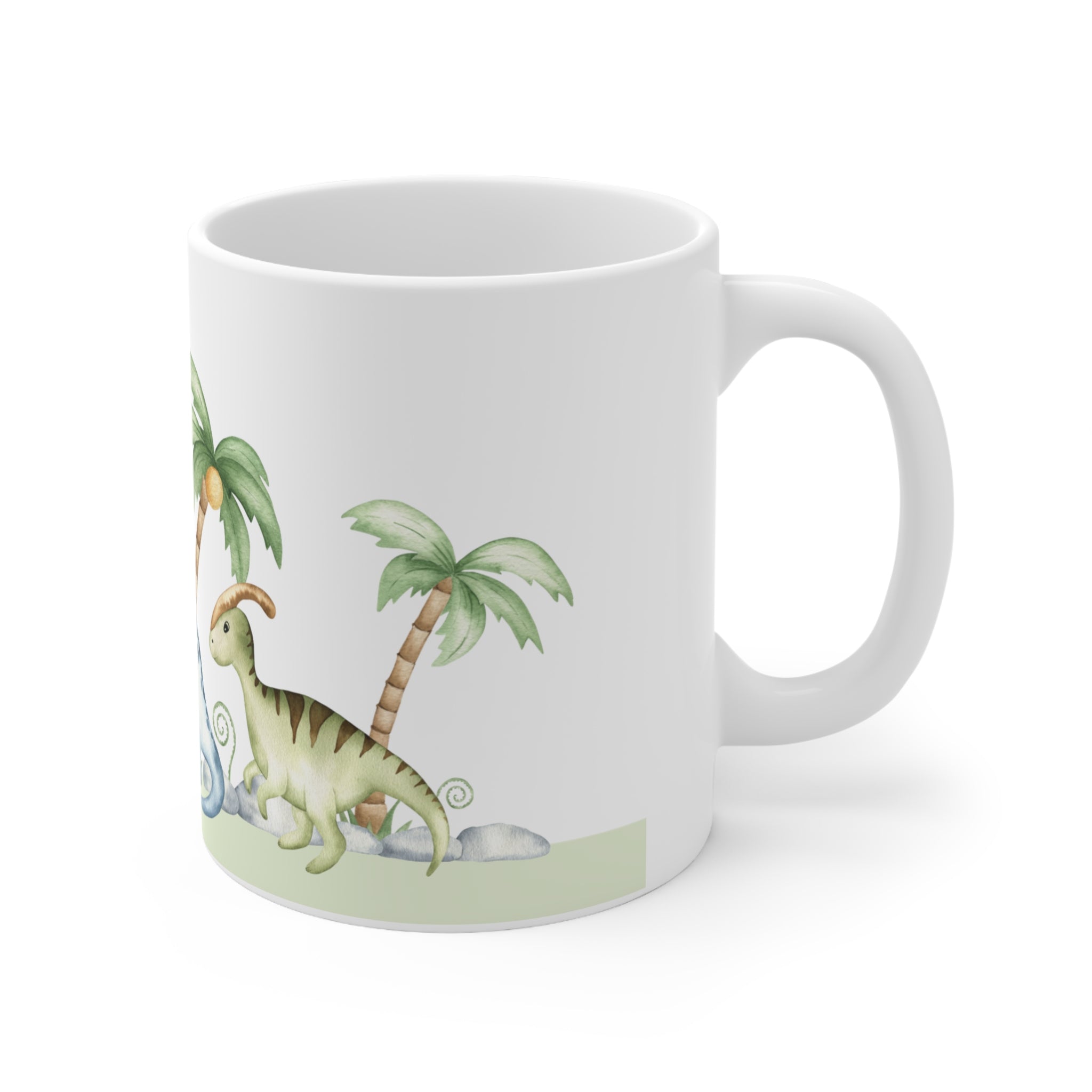 Dinosaur Palm Trees Ceramic Mug — Cute Watercolor Dino Coffee Cup (11oz/15oz)